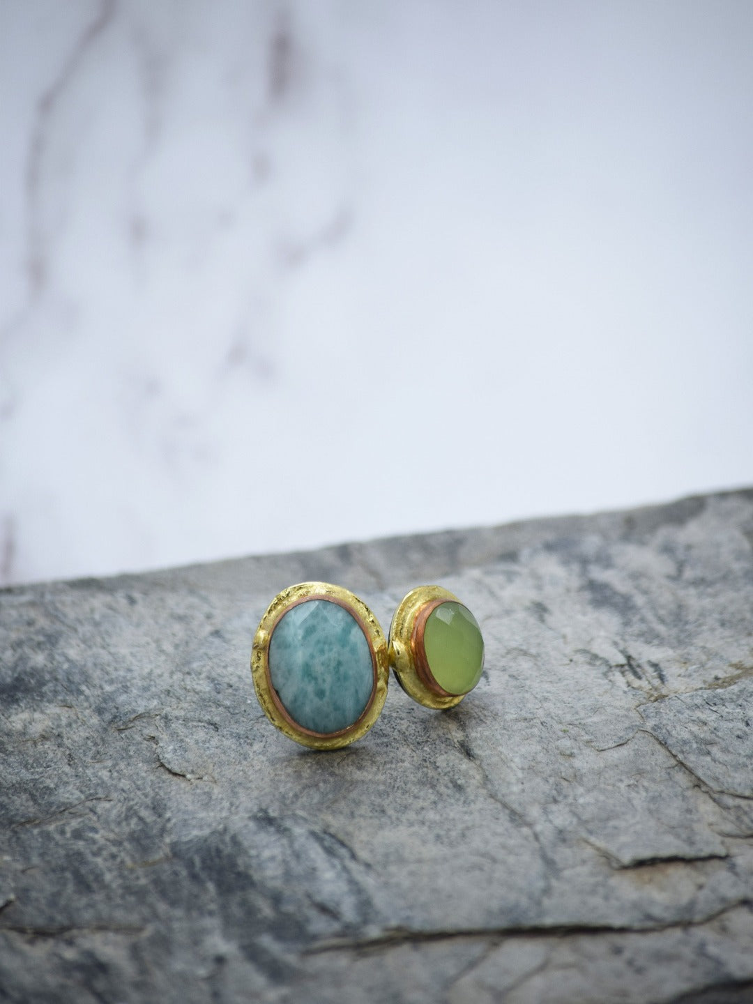 Dual Stone Amazonite Gold Plated Adjustable Ring - QUEENS JEWELS