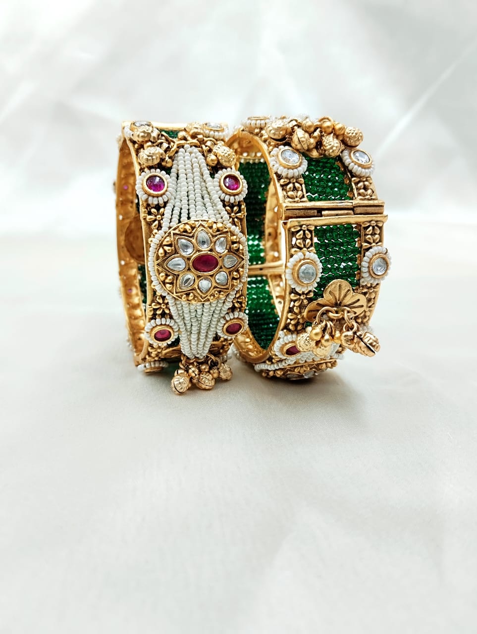 Antique Finish Pearl and Green String Kada Pair