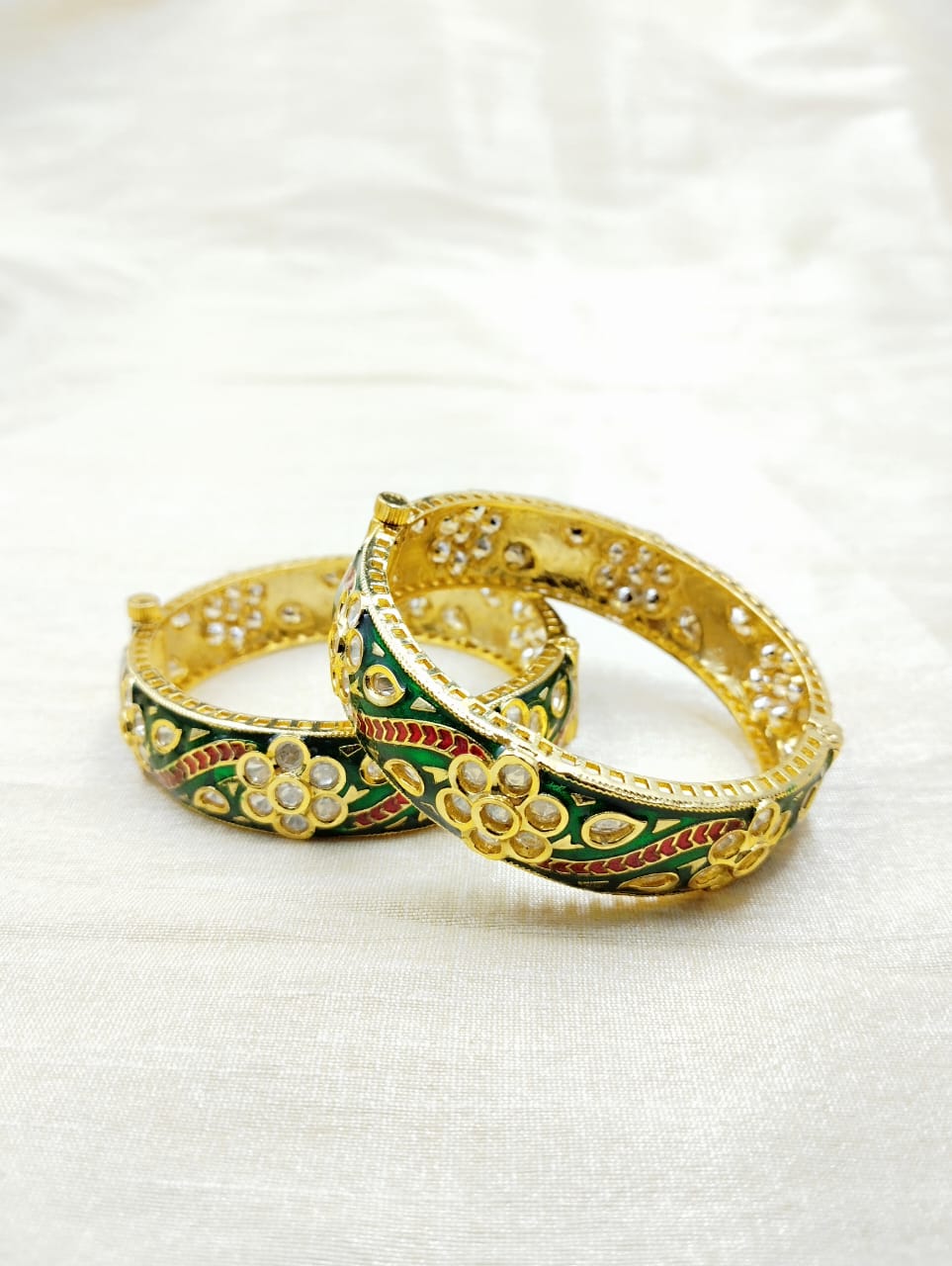 Flower Motif Meena Kundan Kada Pair - QUEENS JEWELS