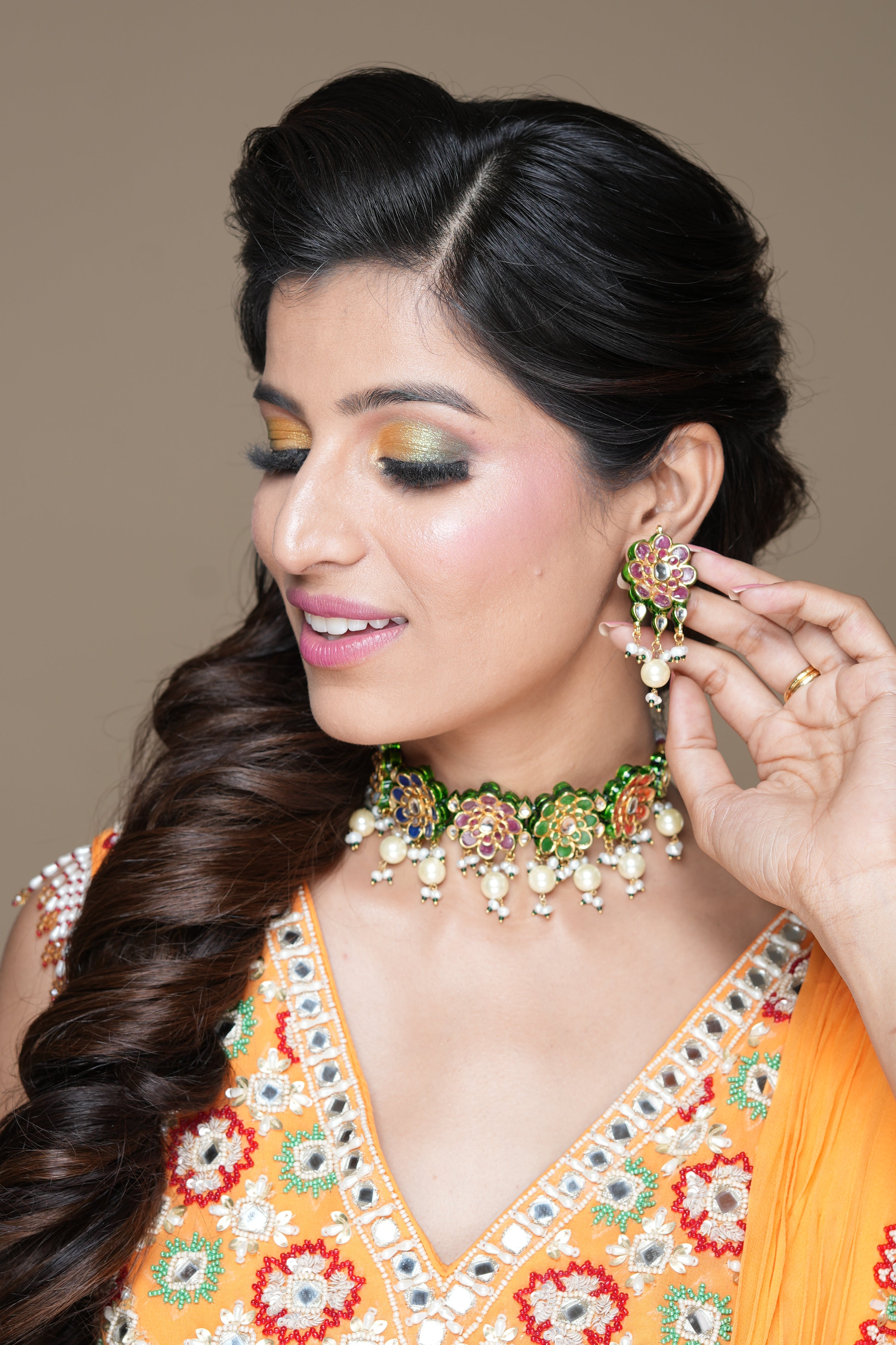 Exquisite Navaratan Kundan Choker Set - with Earrings - QUEENS JEWELS 