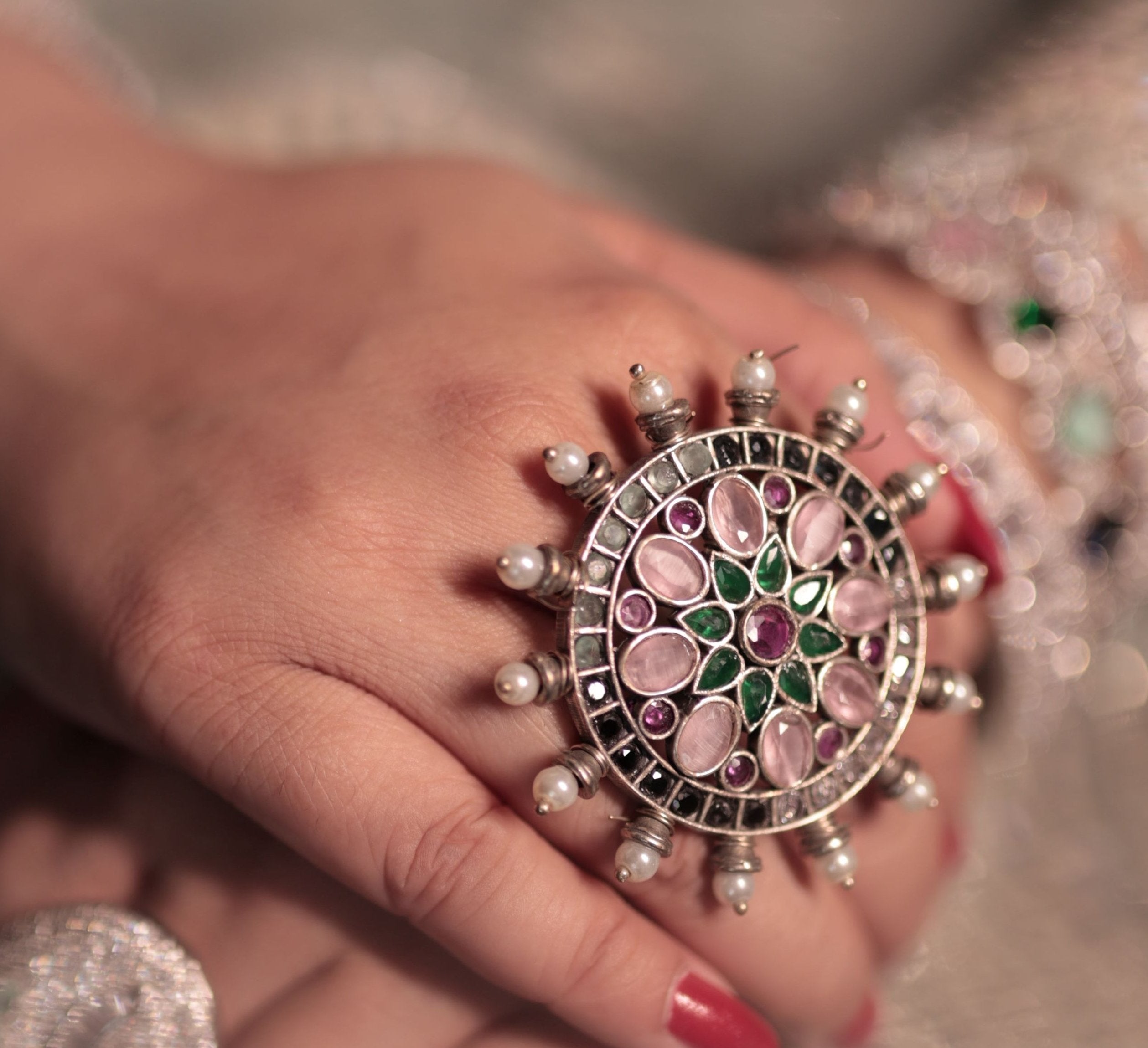 Amyara Oxidised Green Floral Adjustable Ring - QUEENS JEWELS