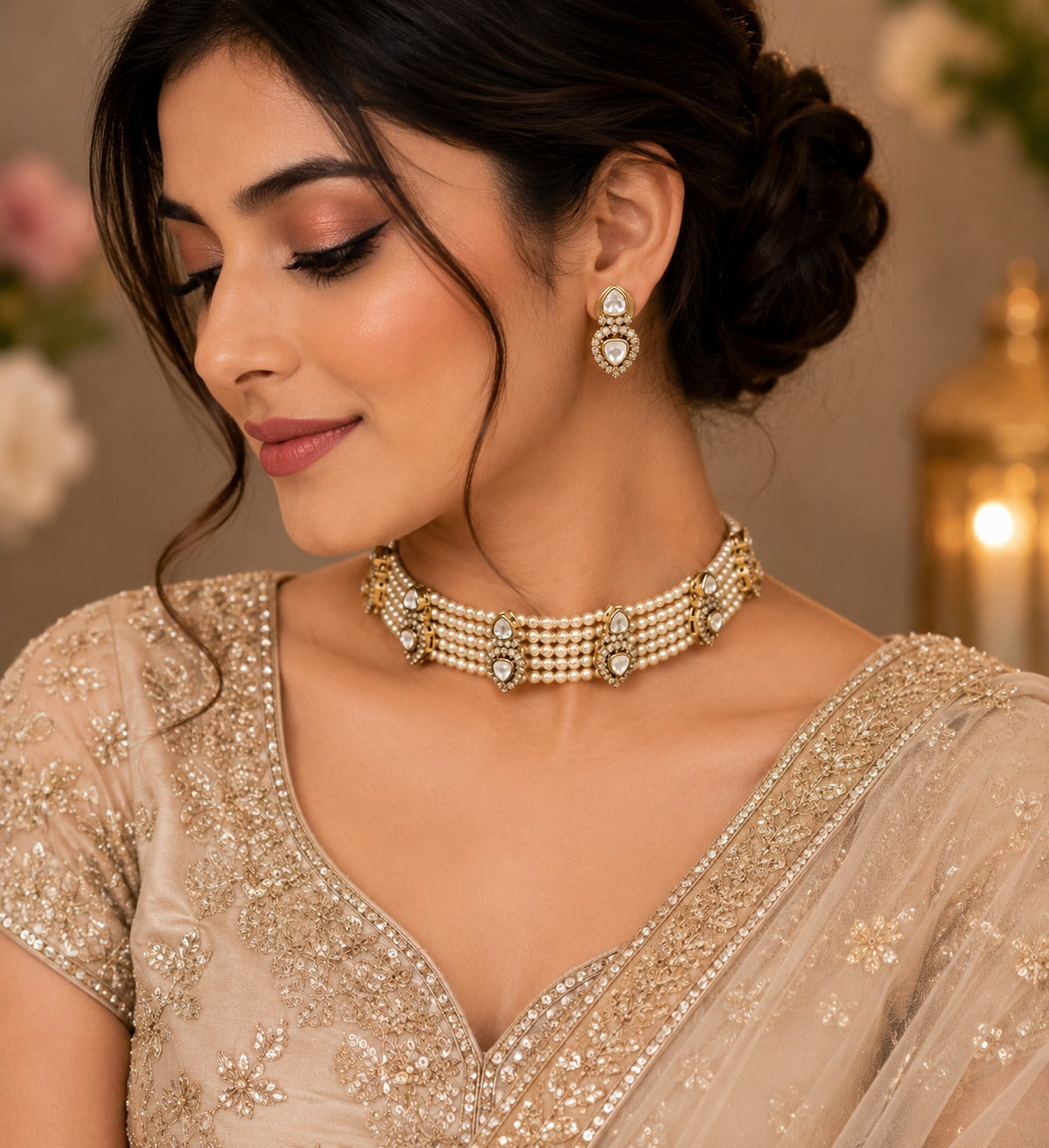 Pearl Victorian Kundan Choker Set - QUEENS JEWELS 
