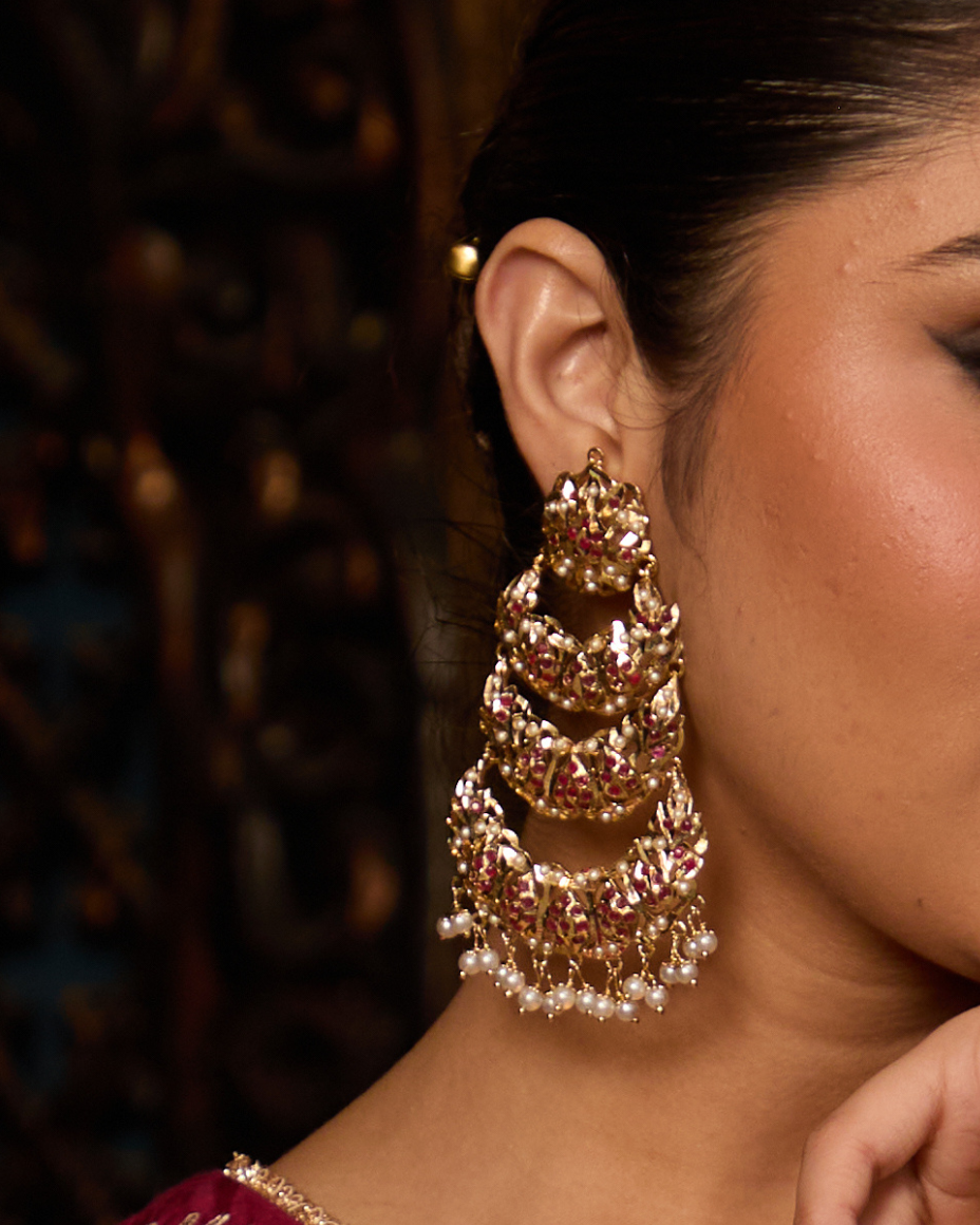 Sitara Triple layer Red Jadau Chandbali Earrings - QUEENS JEWELS 