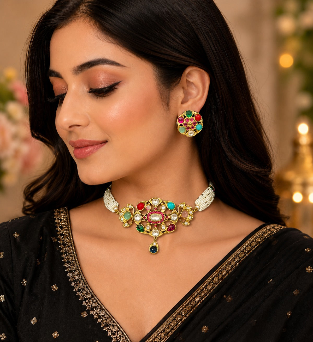 Navratan Kundan Choker Set - QUEENS JEWELS 