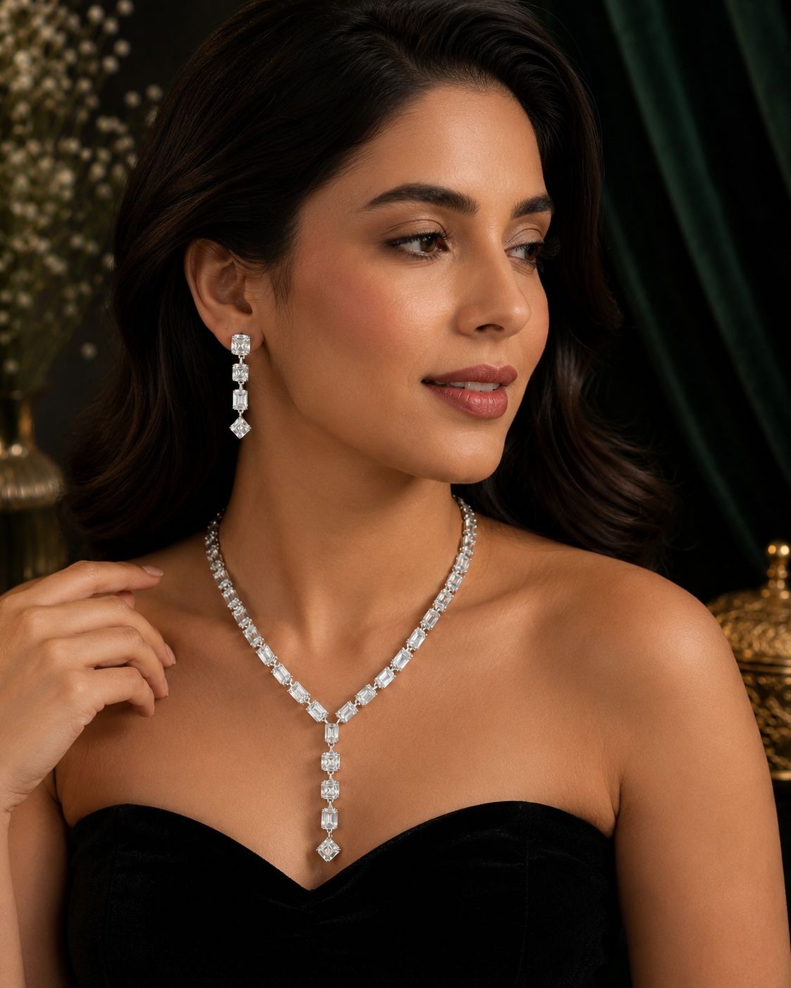 Marlene Y Necklace American Diamond Set - QUEENS JEWELS 