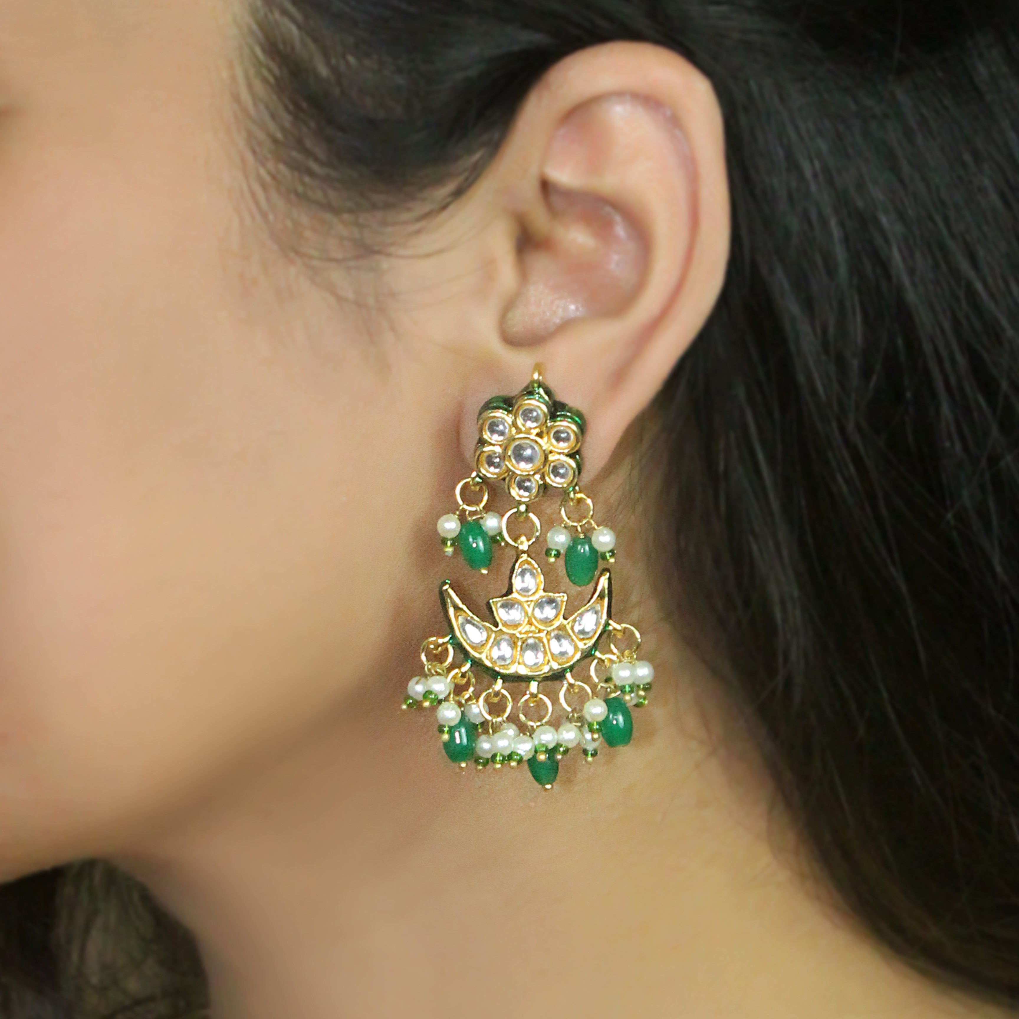 Emerald Green Kundan Chaandbali Earrings - QUEENS JEWELS