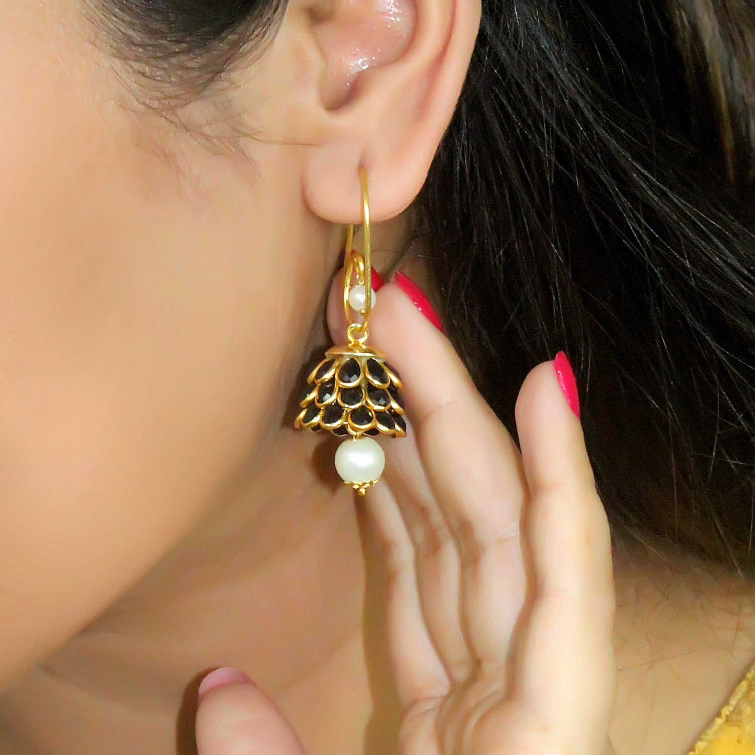 Anika Pachi Jhumka Earrings - Black - QUEENS JEWELS