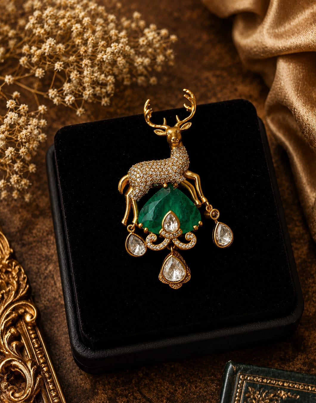Emerald Tone Stag Brooch - QUEENS JEWELS 