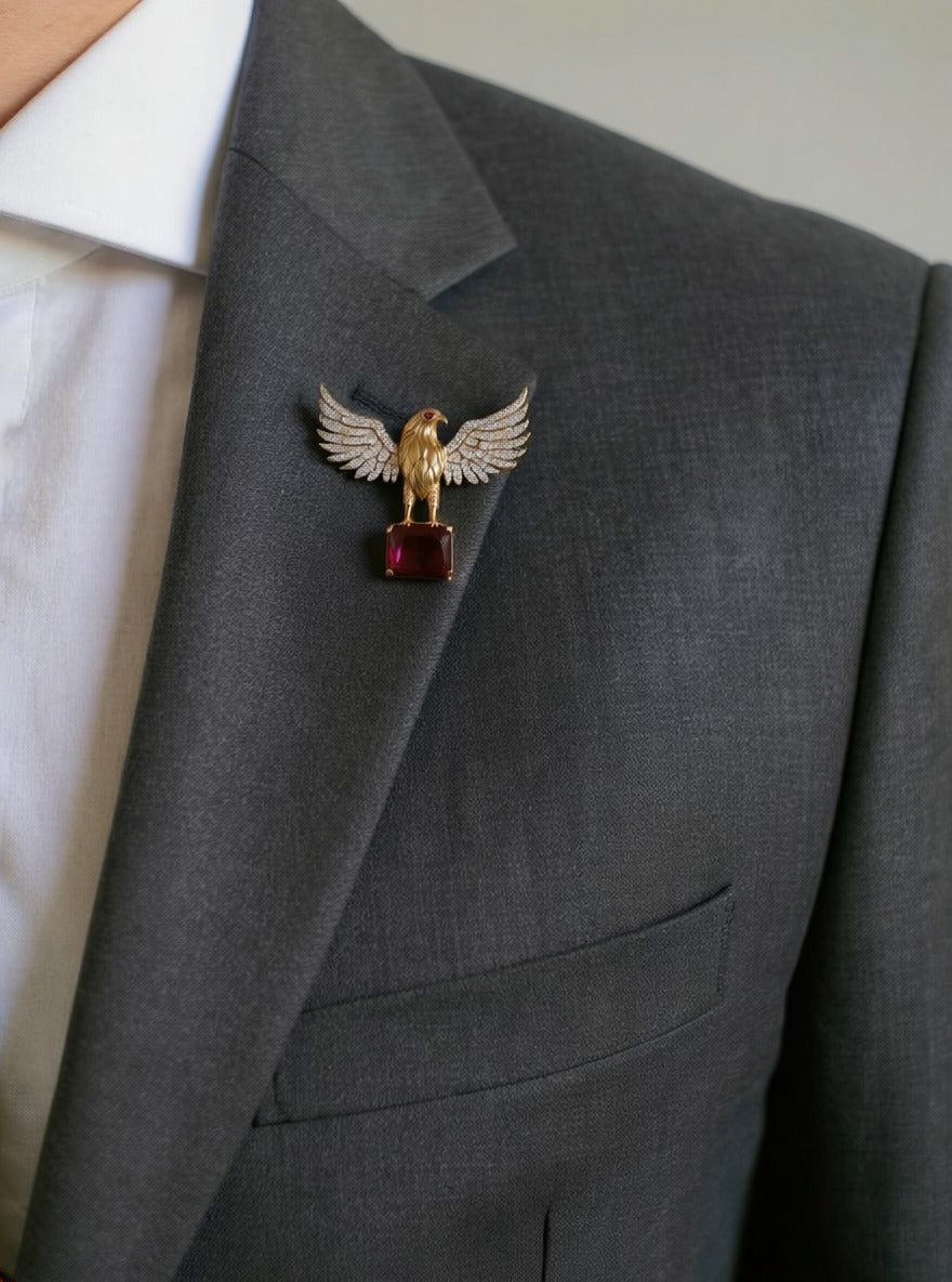 Ruby Eagle Men's Statement Brooch - QUEENS JEWELS 