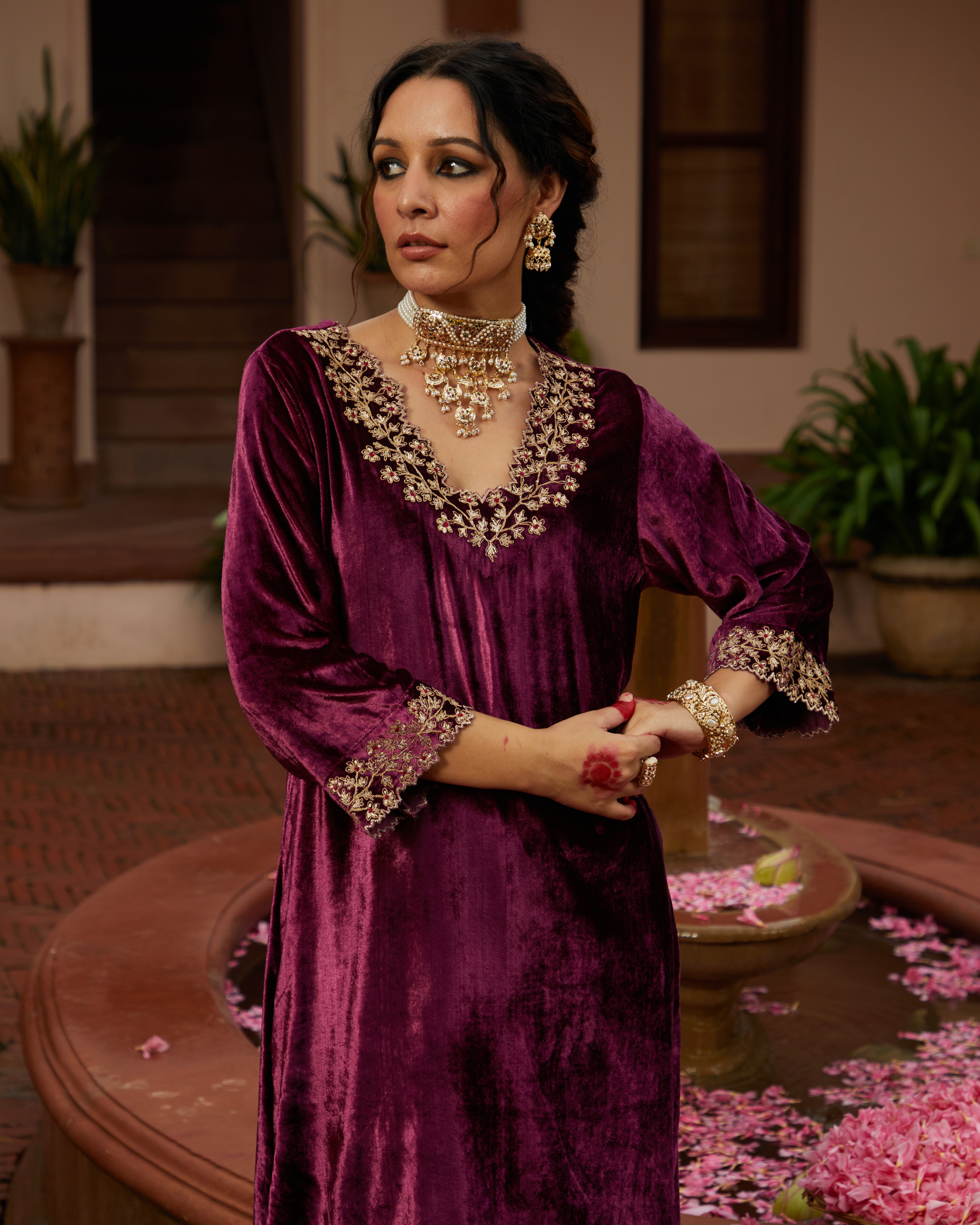 Waterfall Bridal Jadau Choker Set - with Jhumka Earrings - Multi Color - QUEENS JEWELS