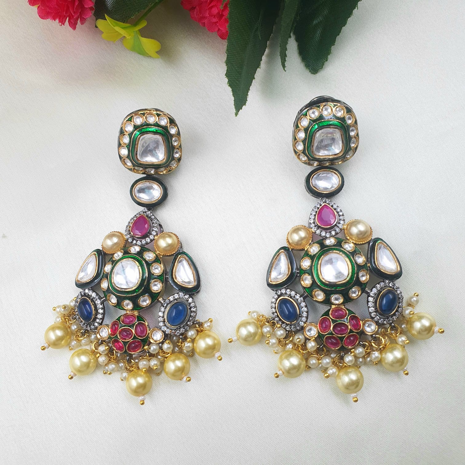 Victorian Style Polki Navratan Earrings - Intricately detailed with vibrant colors, perfect for weddings and special occasions.