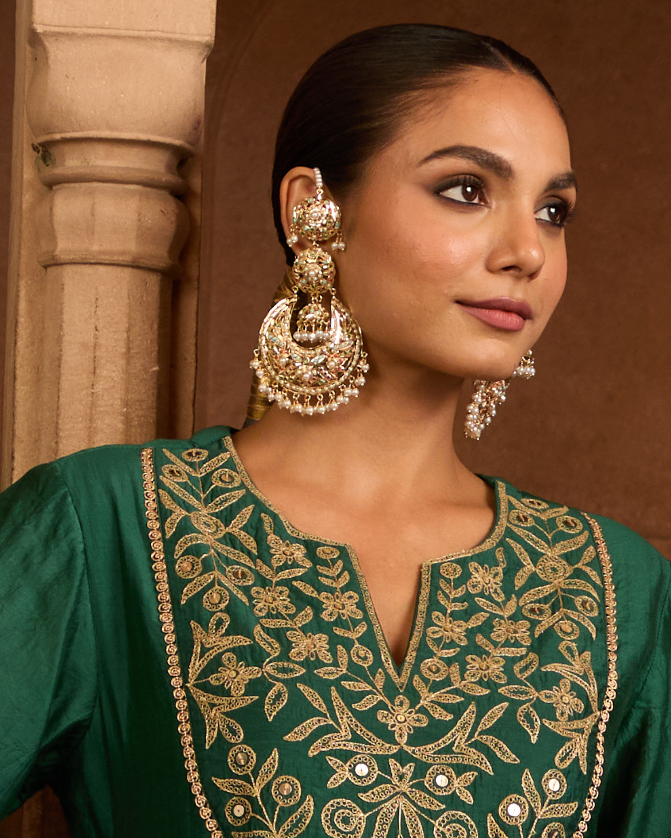 Navratan Jhumka Chaandbali Earrings with kaanchain - QUEENS JEWELS 