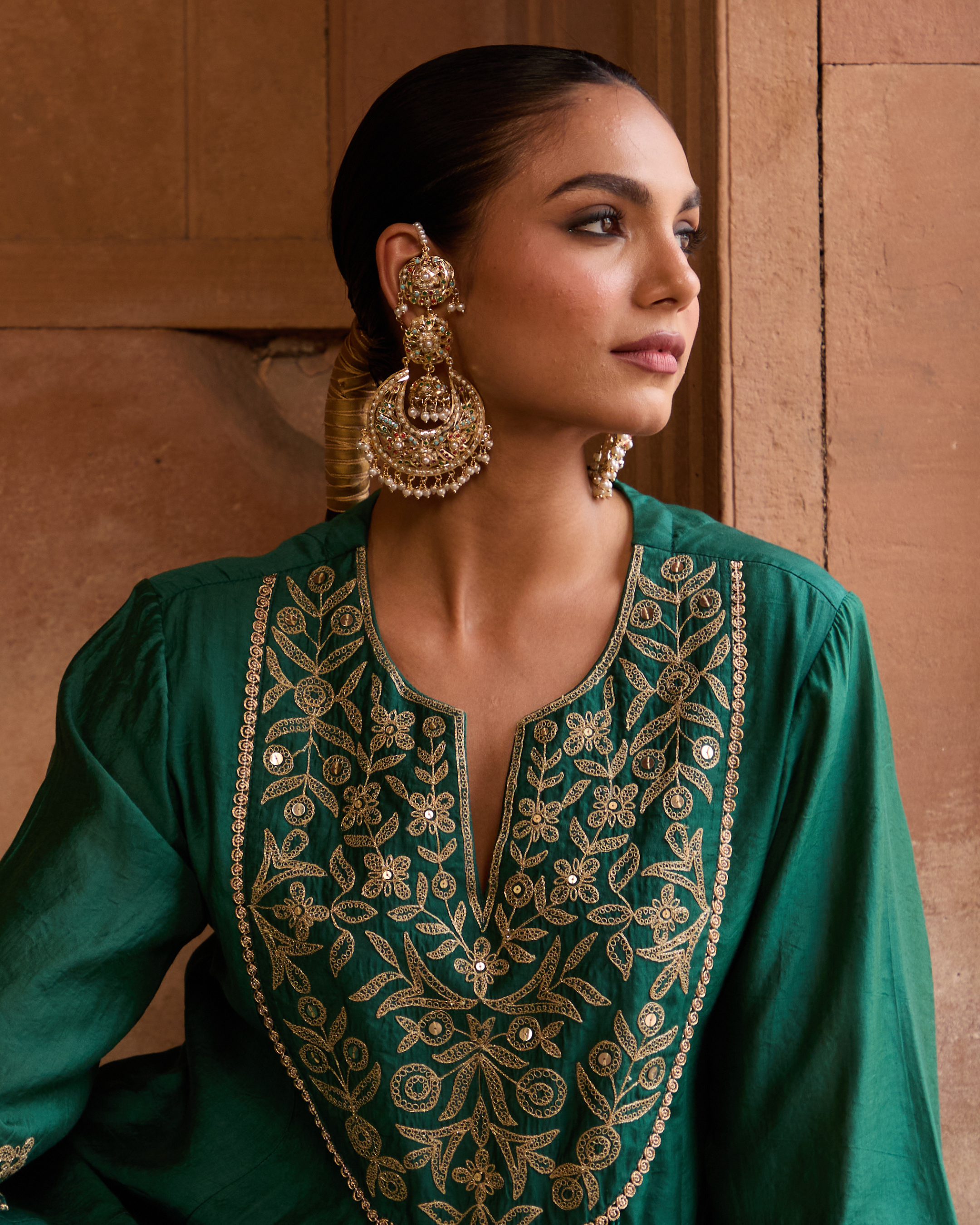 Navratan Jhumka Chaandbali Earrings with kaanchain - QUEENS JEWELS 