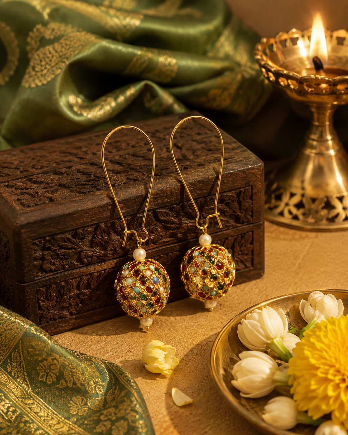 Navratan Sonamoti Dangler Earrings - QUEENS JEWELS