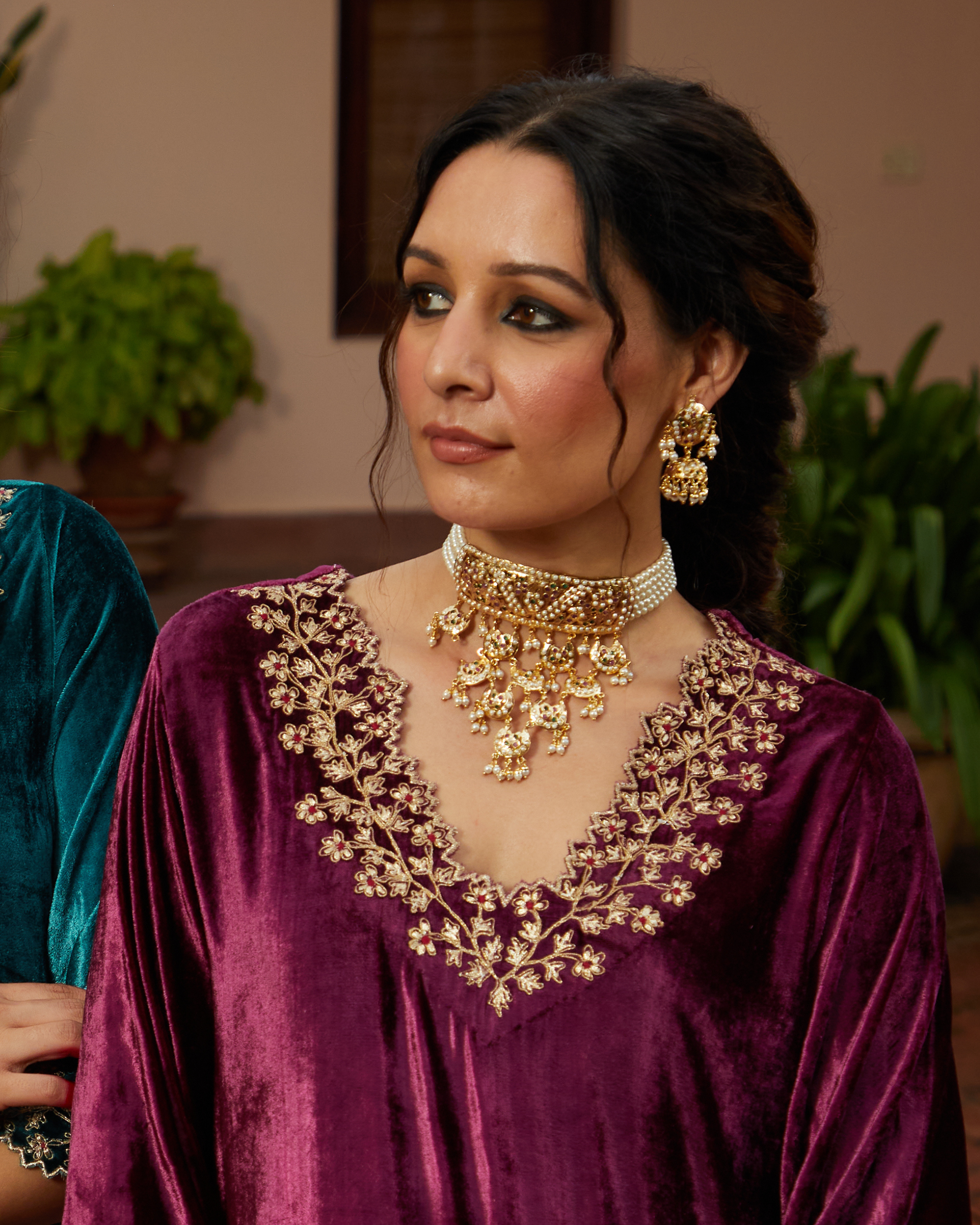 Waterfall Bridal Jadau Choker Set - with Jhumka Earrings - Multi Color - QUEENS JEWELS