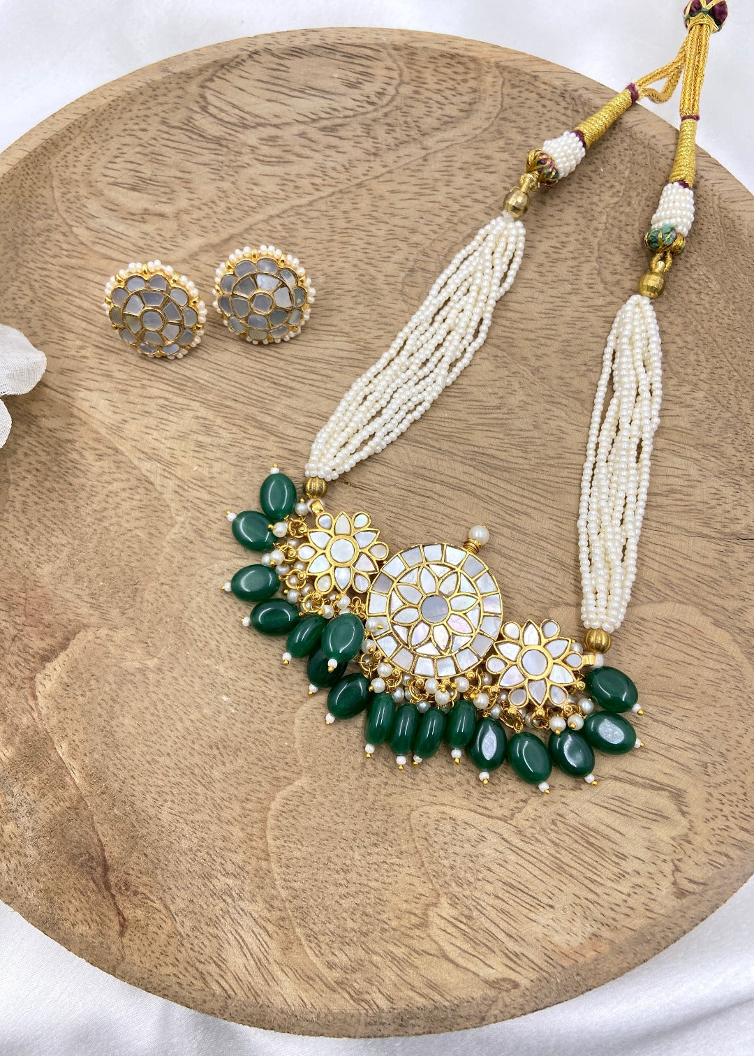 Afia Kundan Choker With Pearl Tassles And Green beads - QUEENS JEWELS 