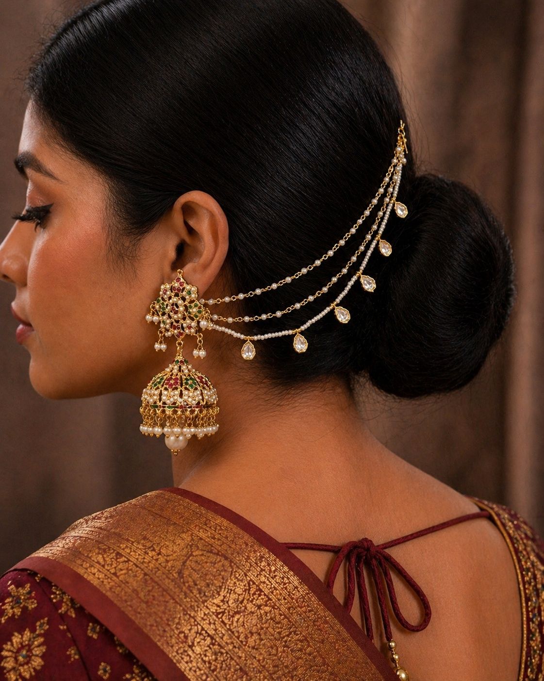 Ivory Kundan Earchain Pair - QUEENS JEWELS 