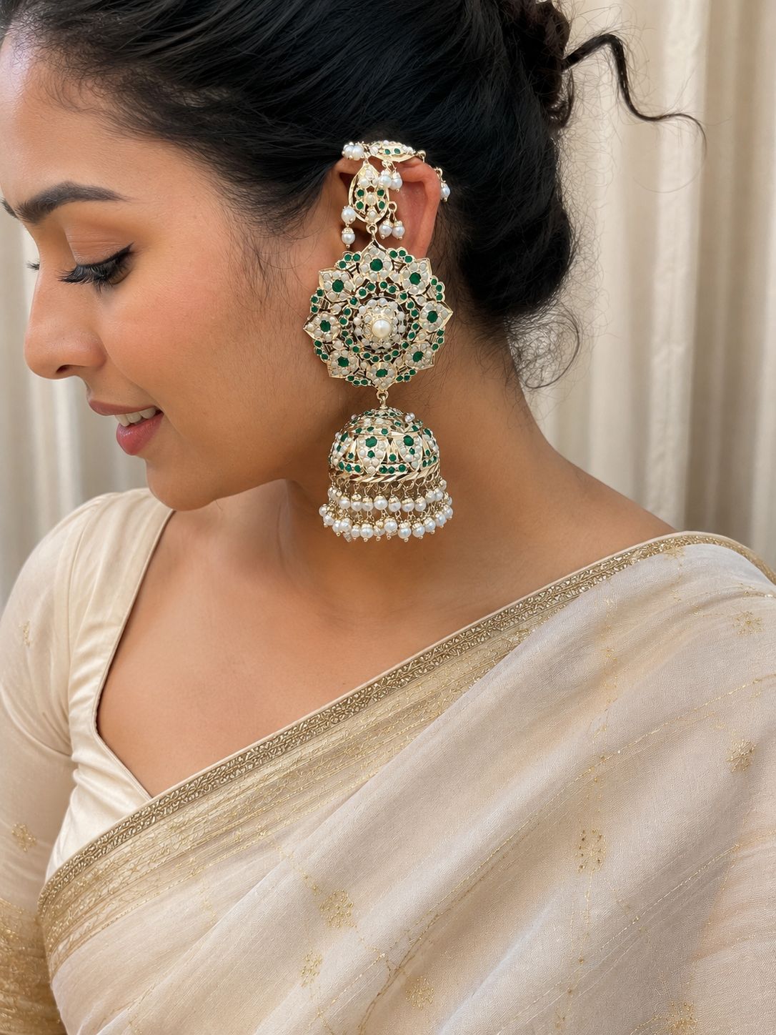 Green Royal Jadau Jhumka with Kannauti 
