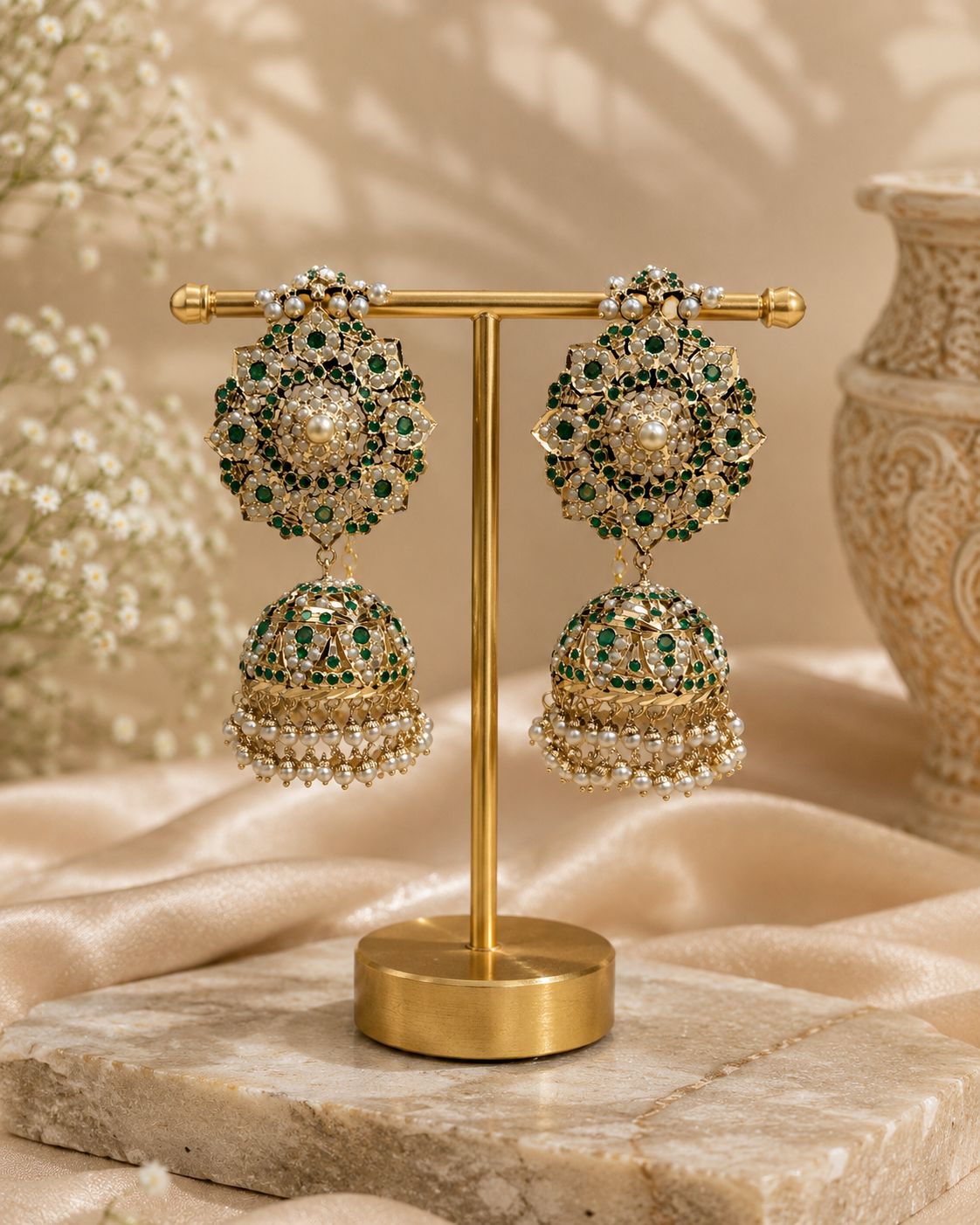 Green Royal Jadau Jhumka with Kannauti 