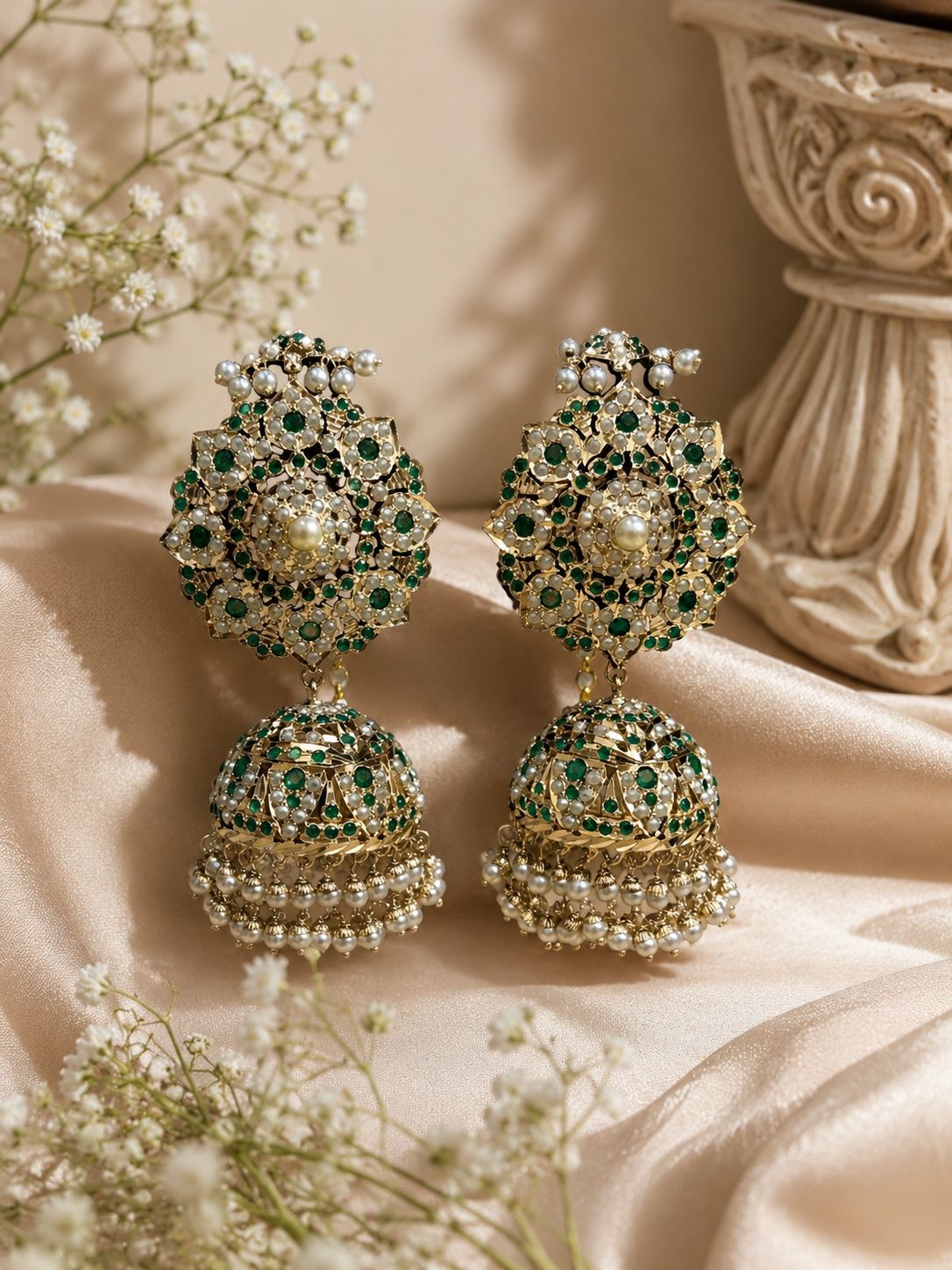 Green Royal Jadau Jhumka with Kannauti 