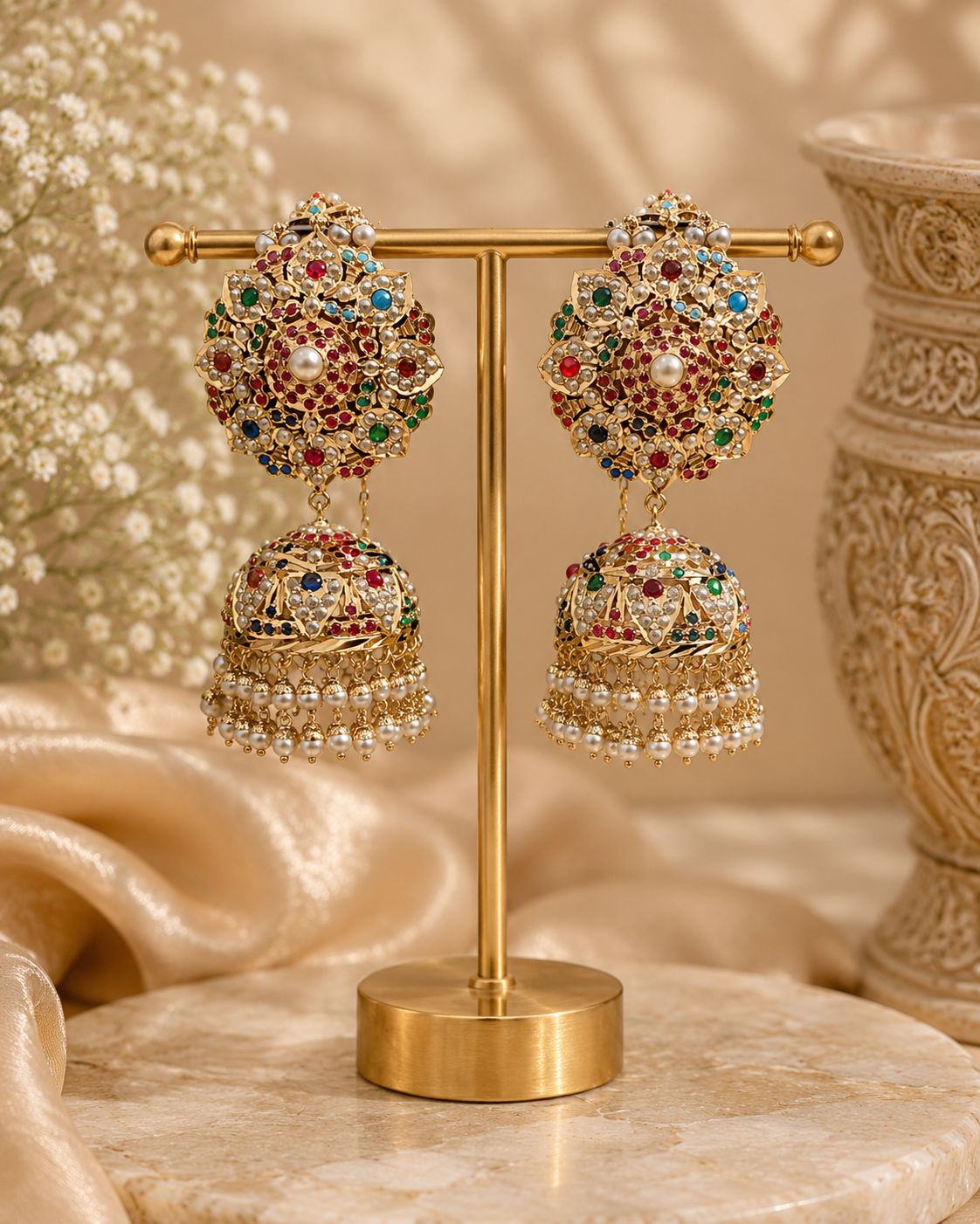 Navratan Royal Jadau Jhumka with Kannauti - QUEENS JEWELS 