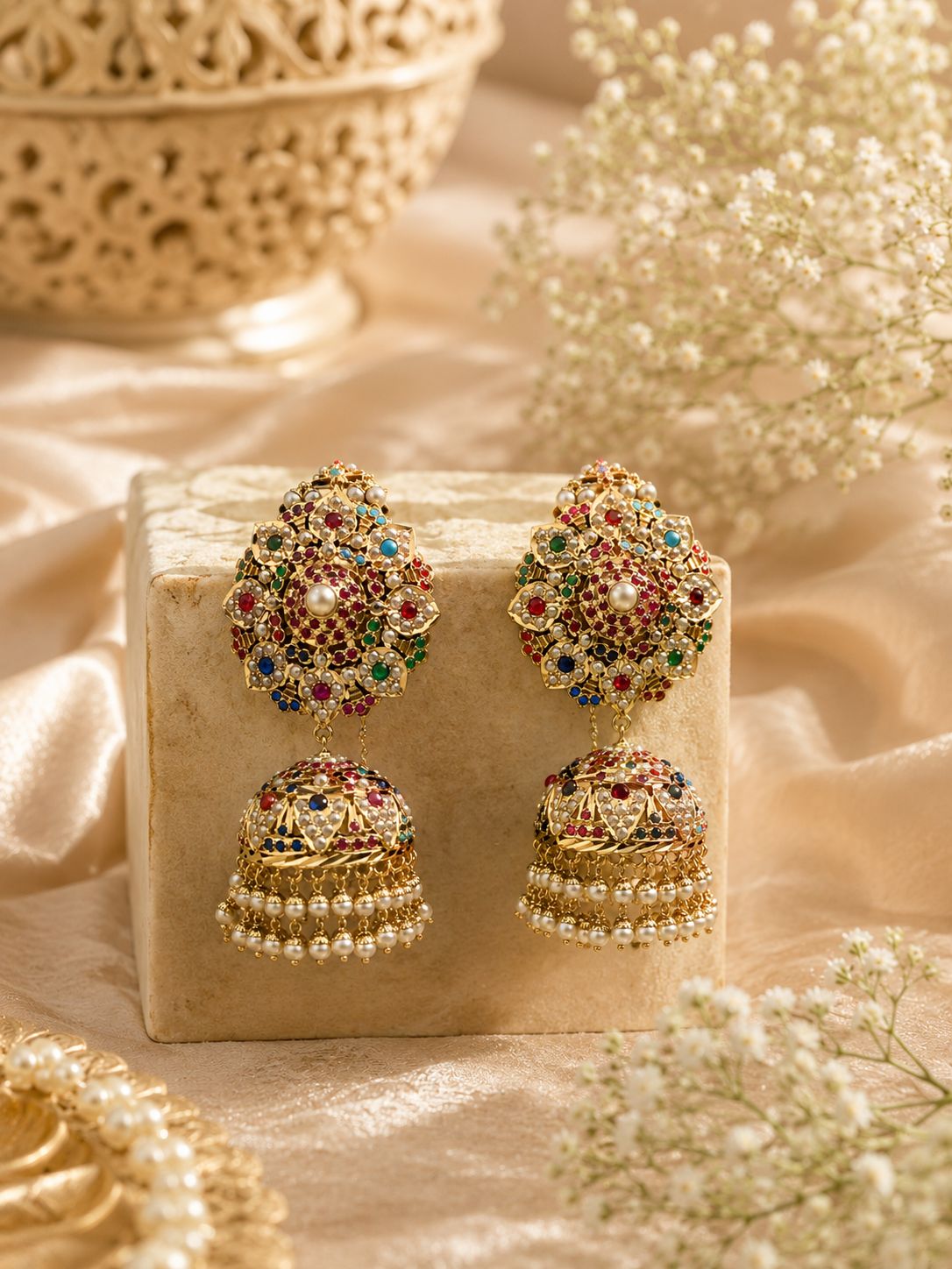 Navratan Royal Jadau Jhumka with Kannauti - QUEENS JEWELS 