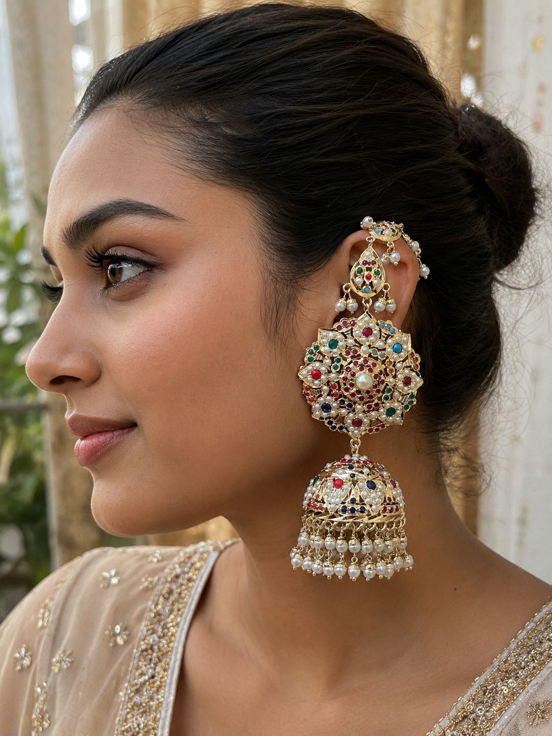Navratan Royal Jadau Jhumka with Kannauti - QUEENS JEWELS 