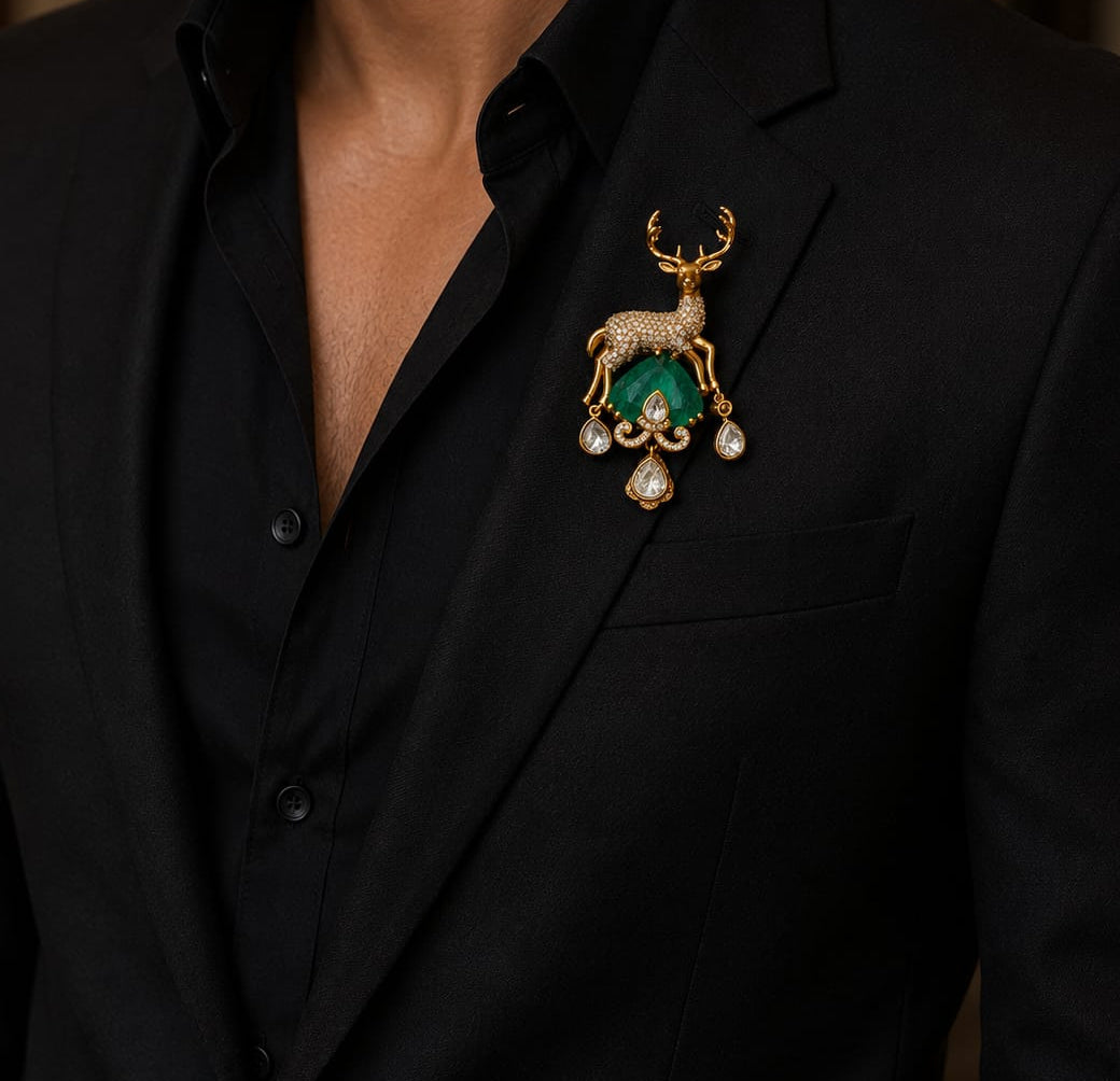 Emerald Tone Stag Brooch - QUEENS JEWELS 