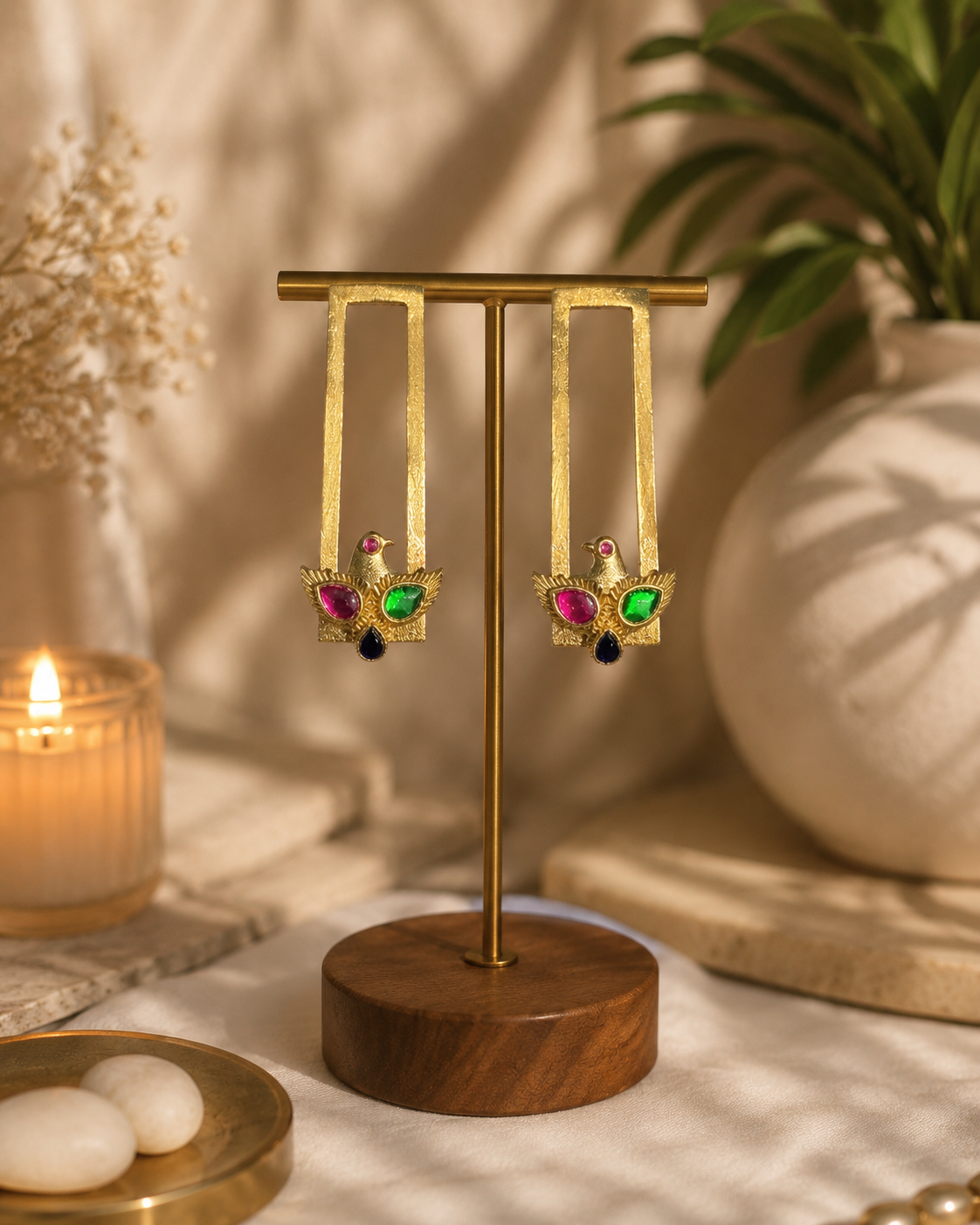 Golden Bird Earrings- Pink & Green