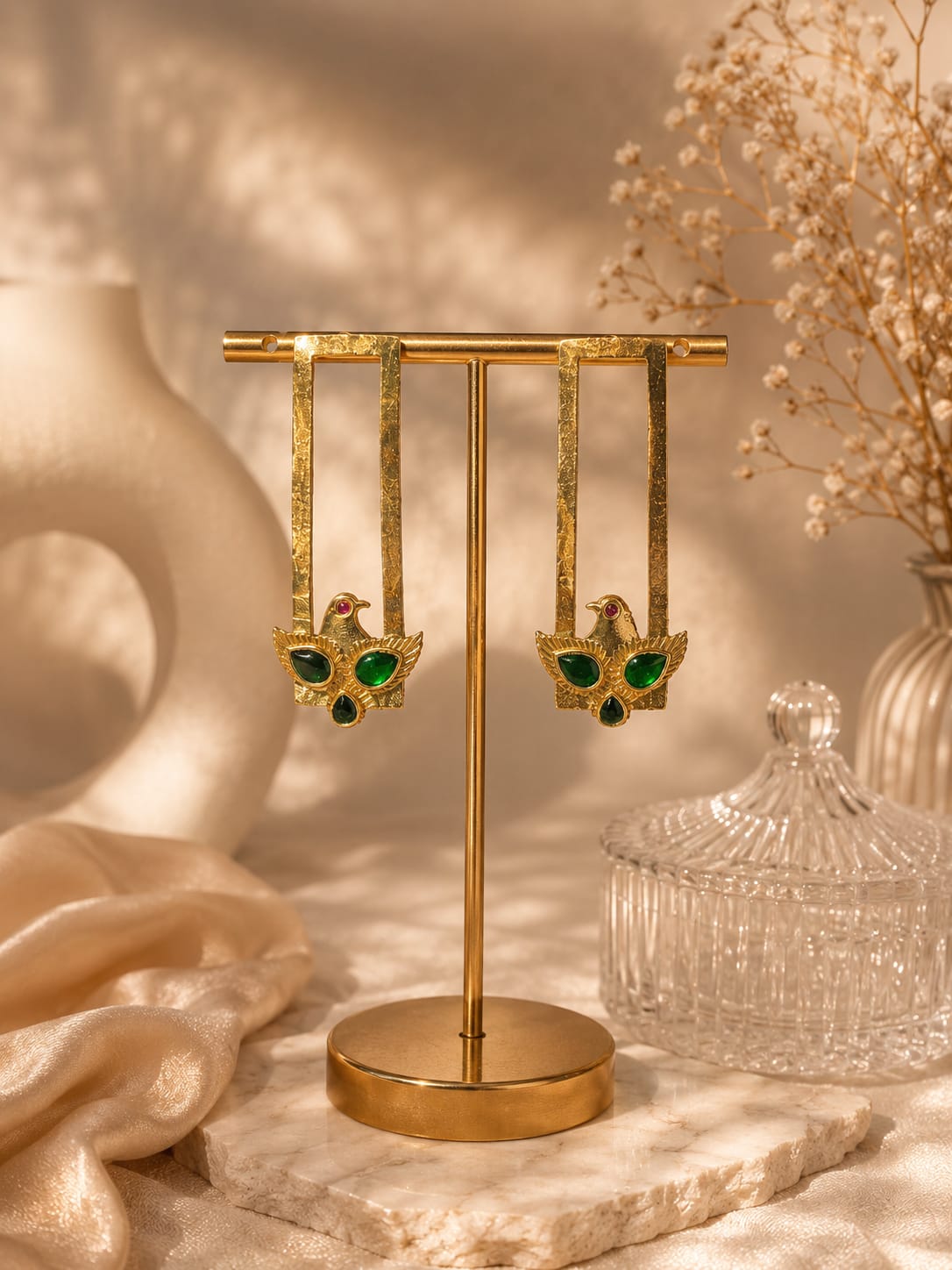 Golden Bird Earrings-Green