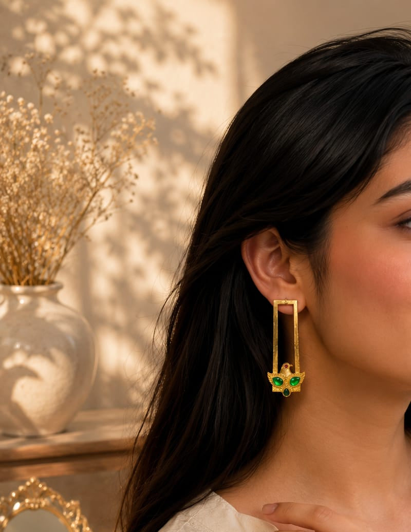 Golden Bird Earrings-Green