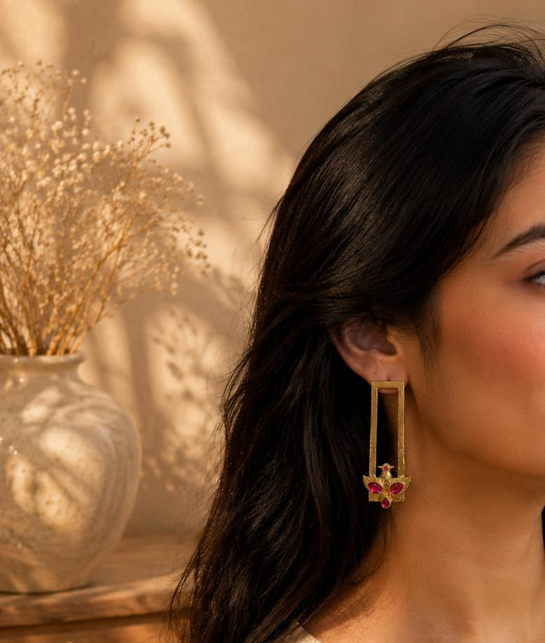 Golden Bird Earrings-Pink