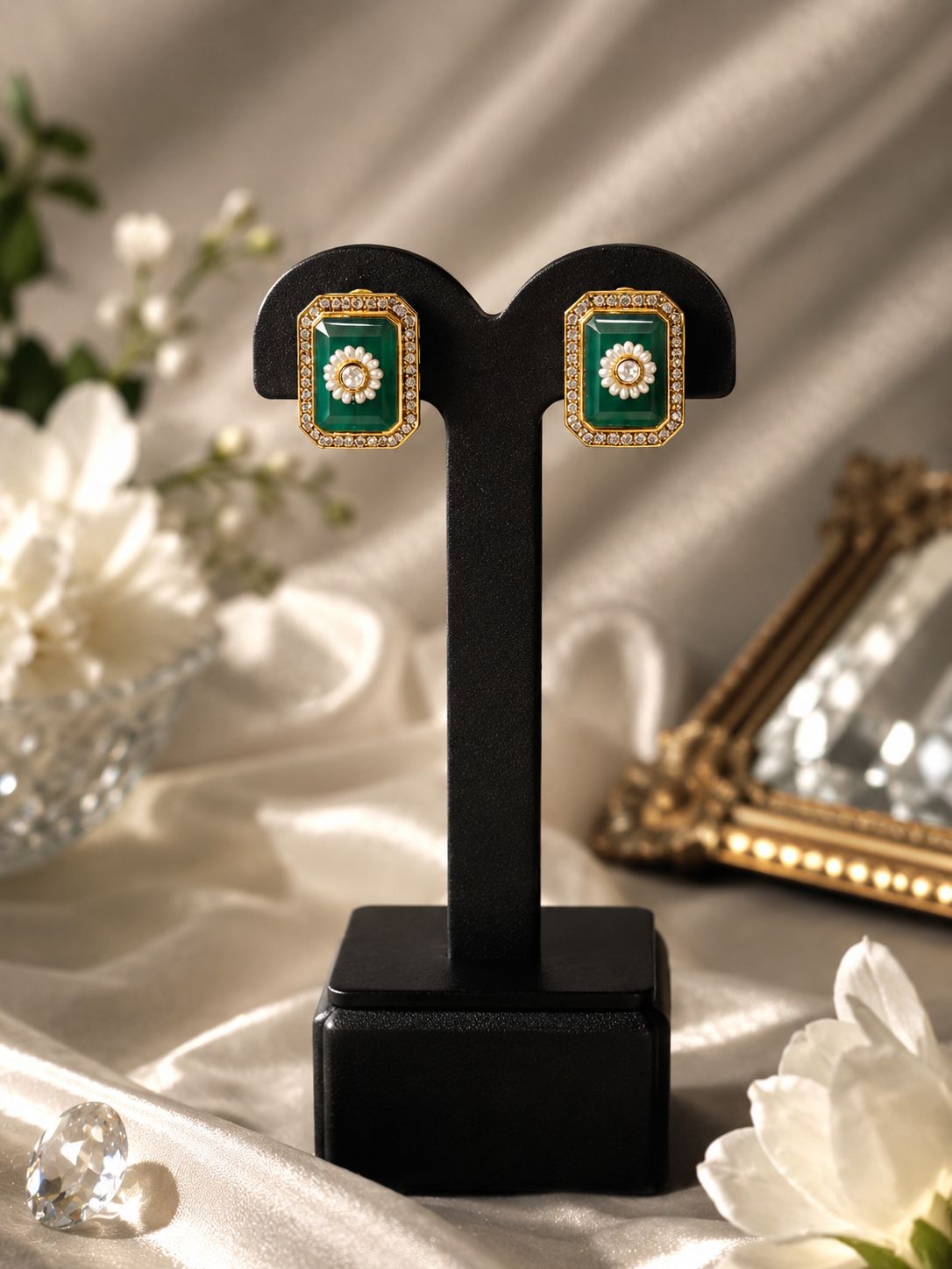 Green Polki Statement Stud Earrings - QUEENS JEWELS 