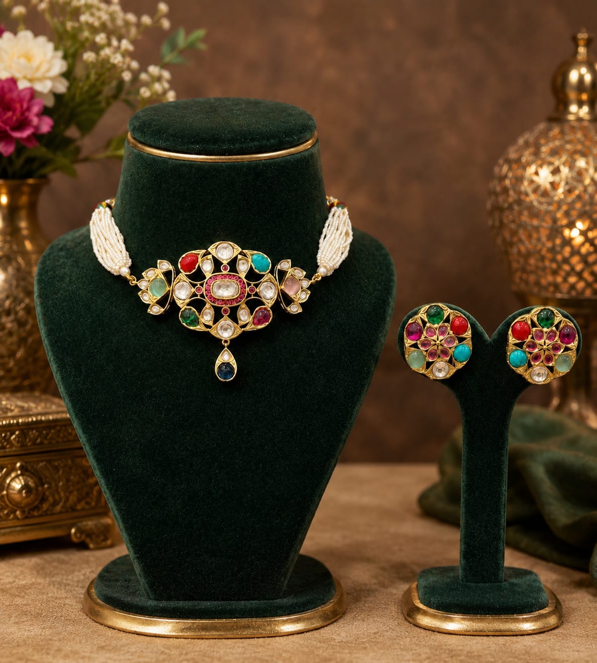 Navratan Kundan Choker Set - QUEENS JEWELS 