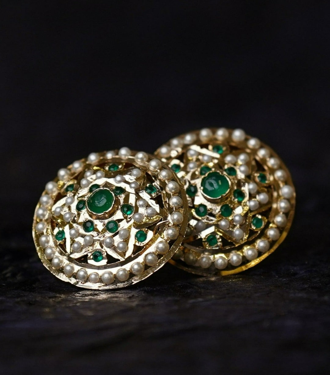 Green Round Jadau Stud Earrings