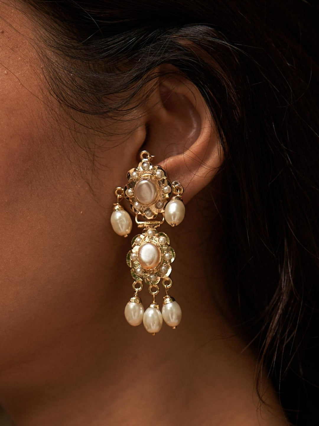 Gold Tone Pearl Beaded Jadau Dangler Earrings - QUEENS JEWELS