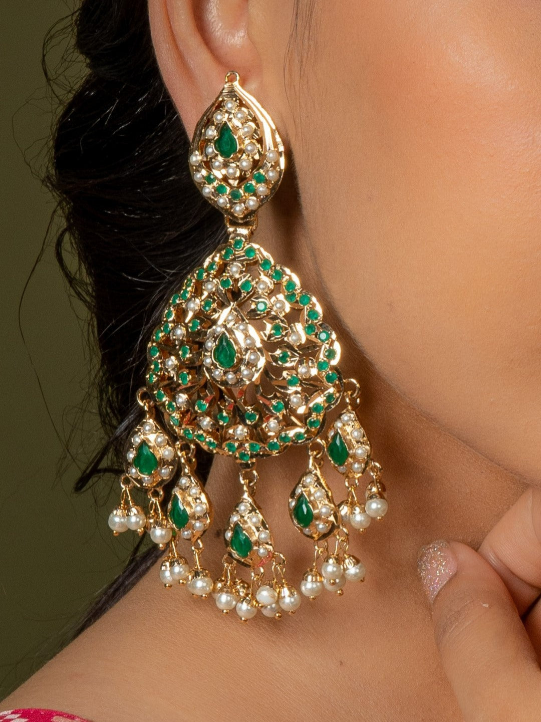 Aura Jadau Chaandbali Earrings - Emerald Green - QUEENS JEWELS