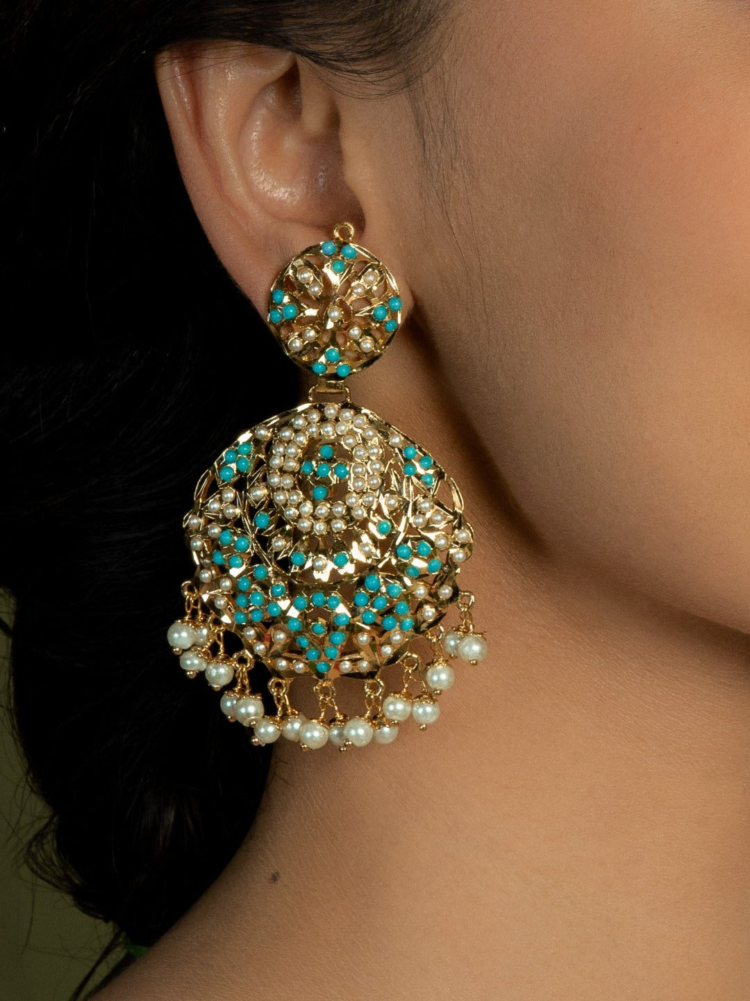 Ferozah & white pearls jadau chaandbali earrings
