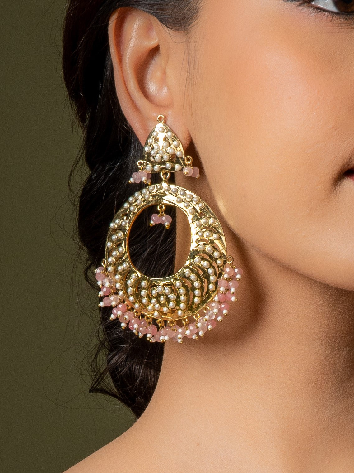 Rose Pink Jadau Chaandbali Earrings - QUEENS JEWELS