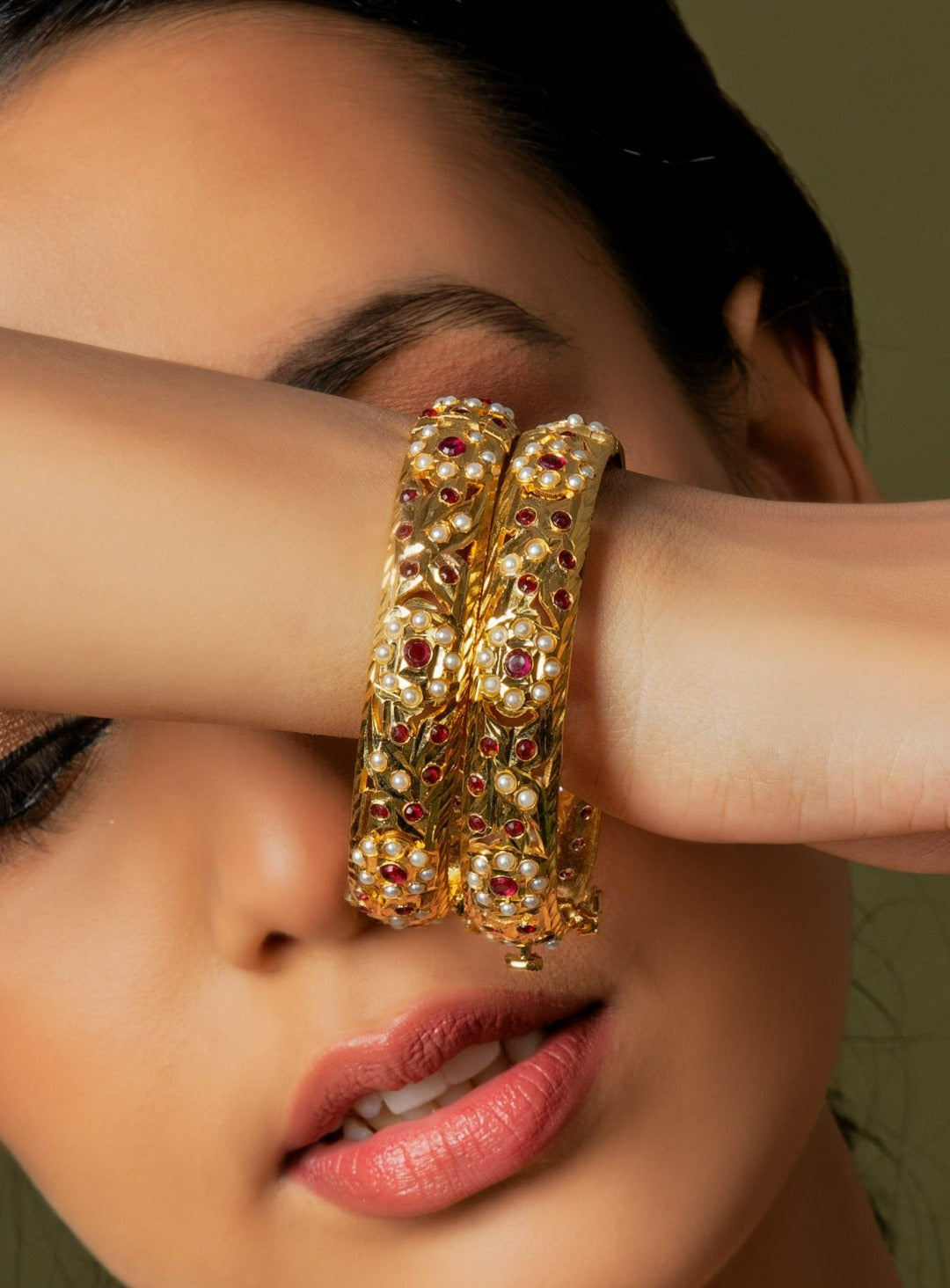 Gold Plated Ruby Jadau Bangle Pair - QUEENS JEWELS