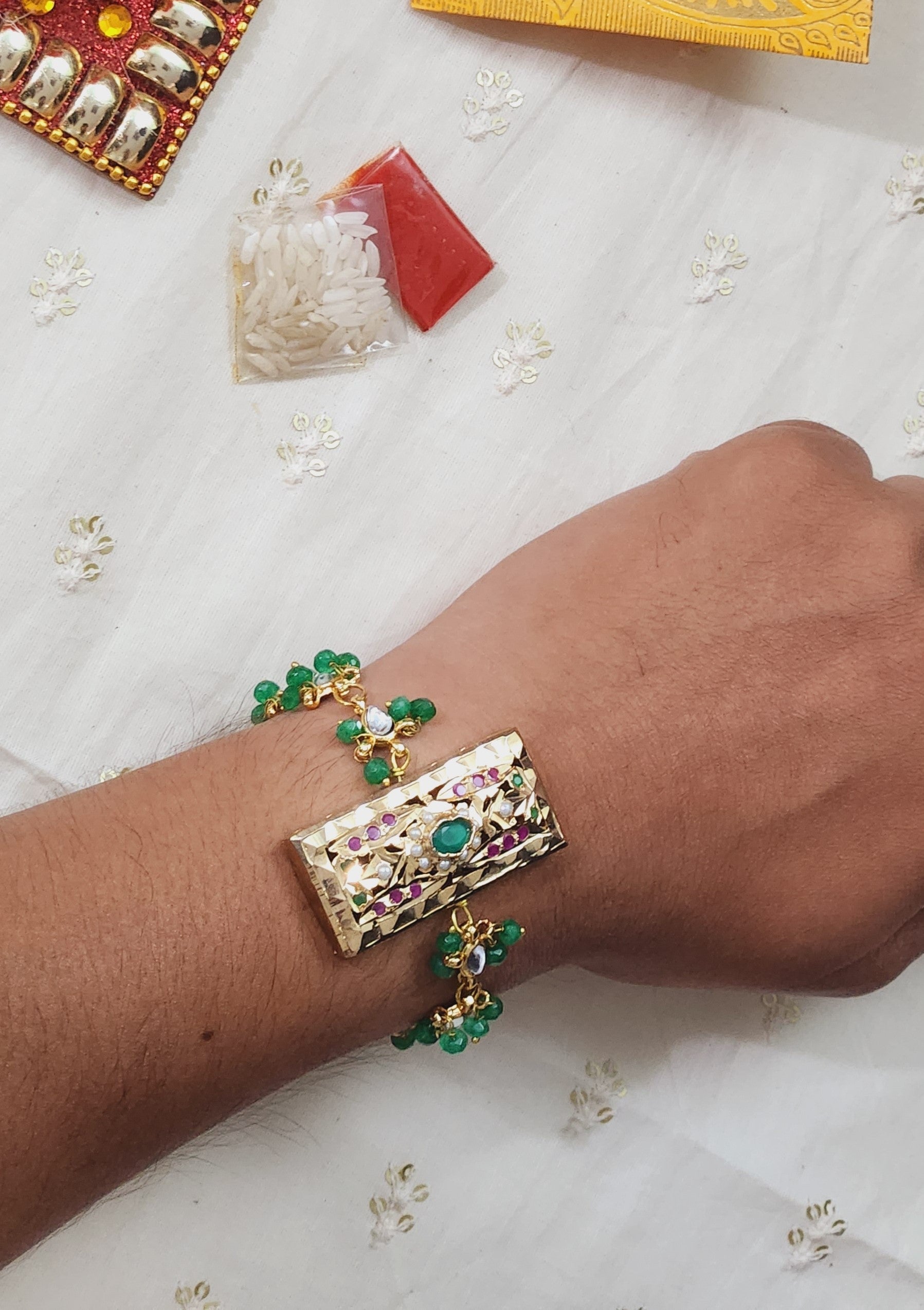 Green Pearl Beaded Multicolor Jadau Rakhi Bracelet