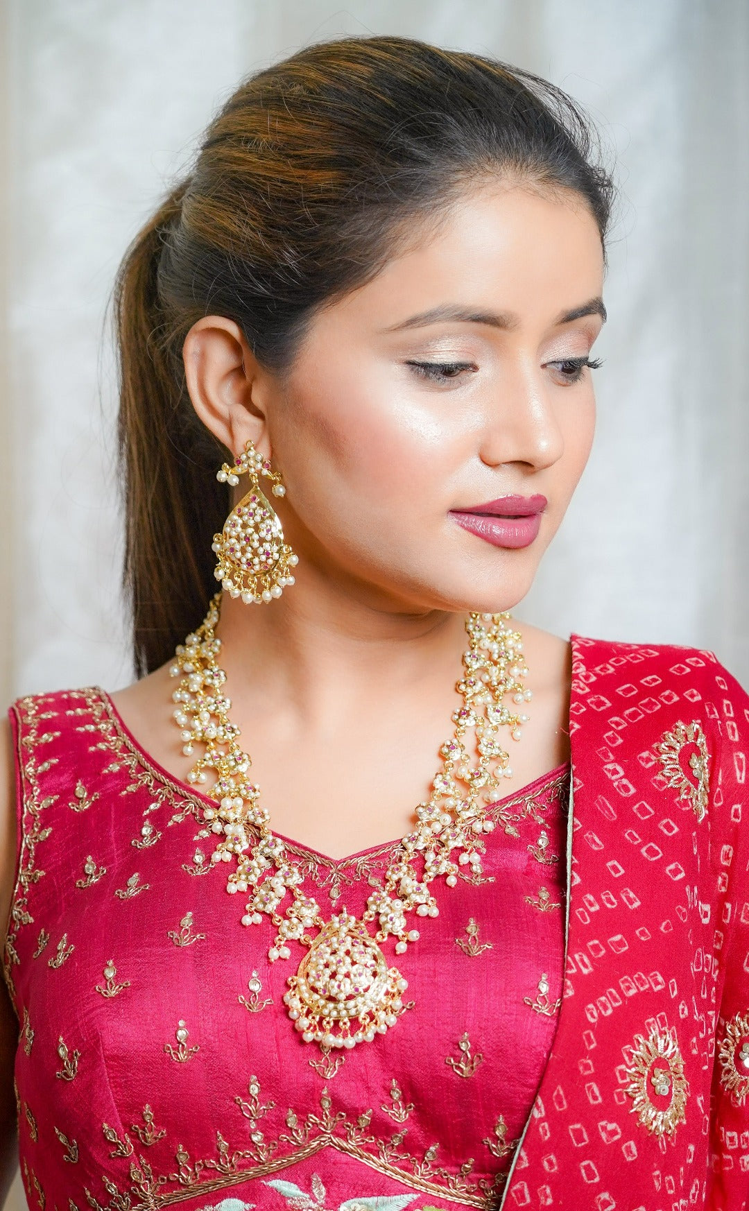 Double Layer Gold Tone Jadau Necklace with Earrings - QUEENS JEWELS