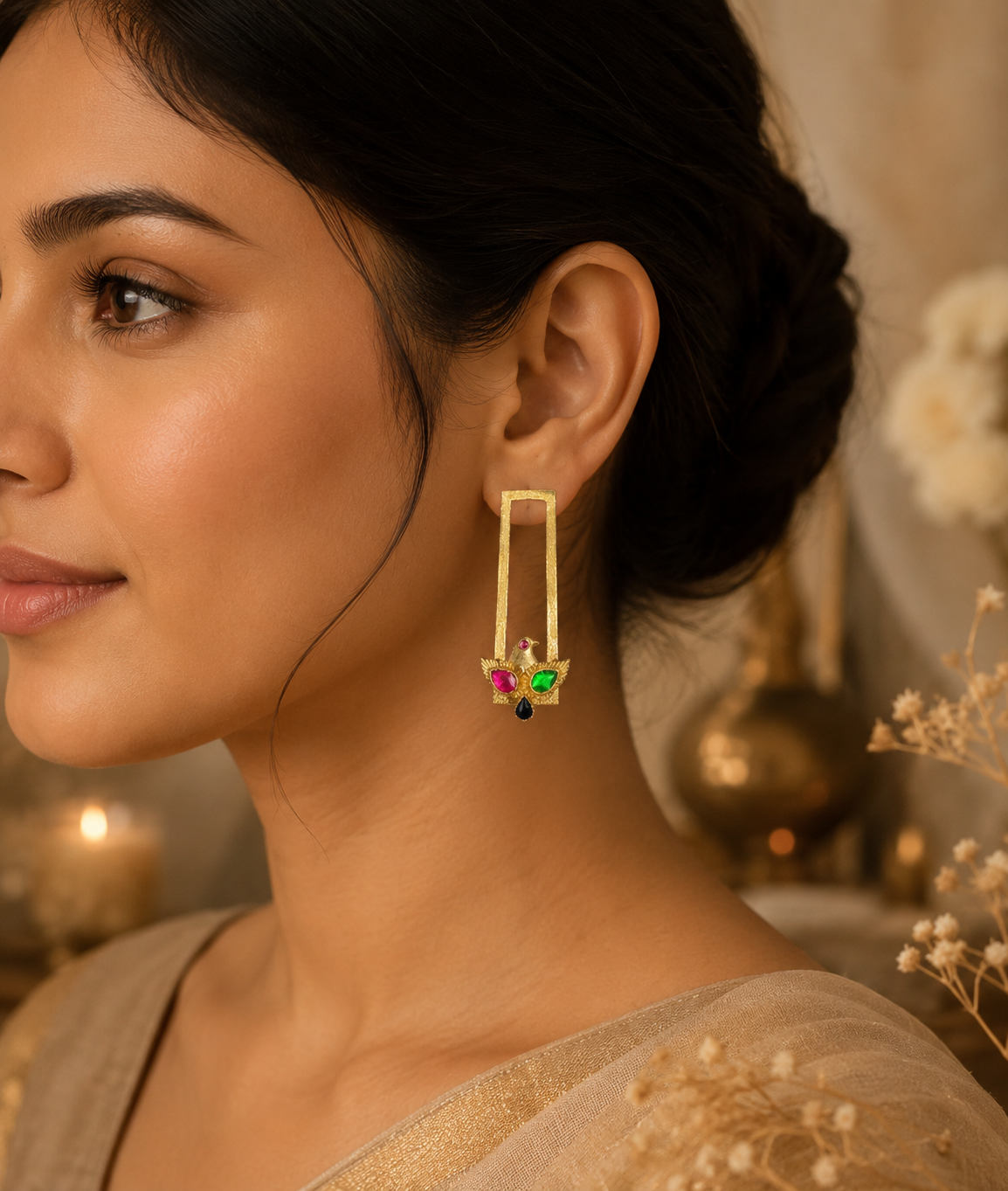 Golden Bird Earrings- Pink & Green