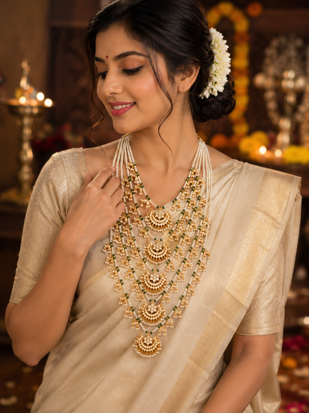 Emerald Kundan Pearl Rani Haar Necklace 
