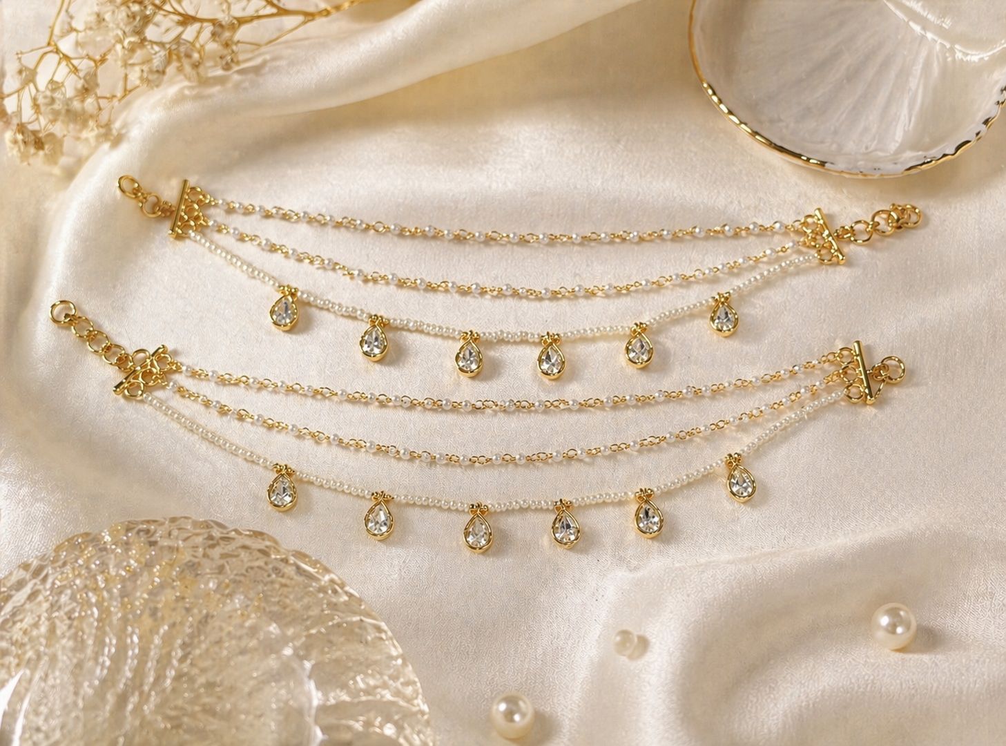 Ivory Kundan Earchain Pair - QUEENS JEWELS 