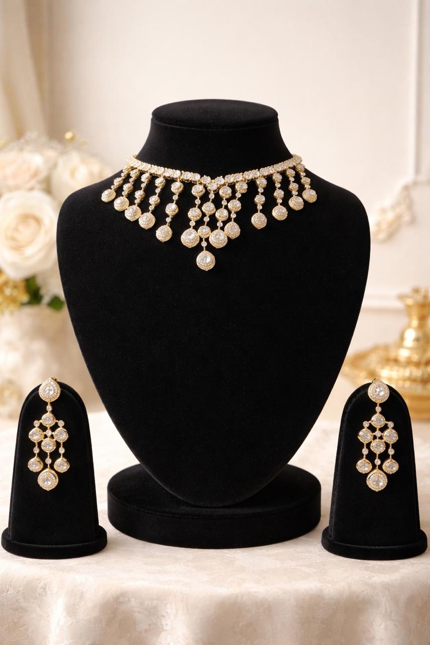 Meher Noor Royal Bridal Choker Set with Chandeliar Earings - QUEENS JEWELS 