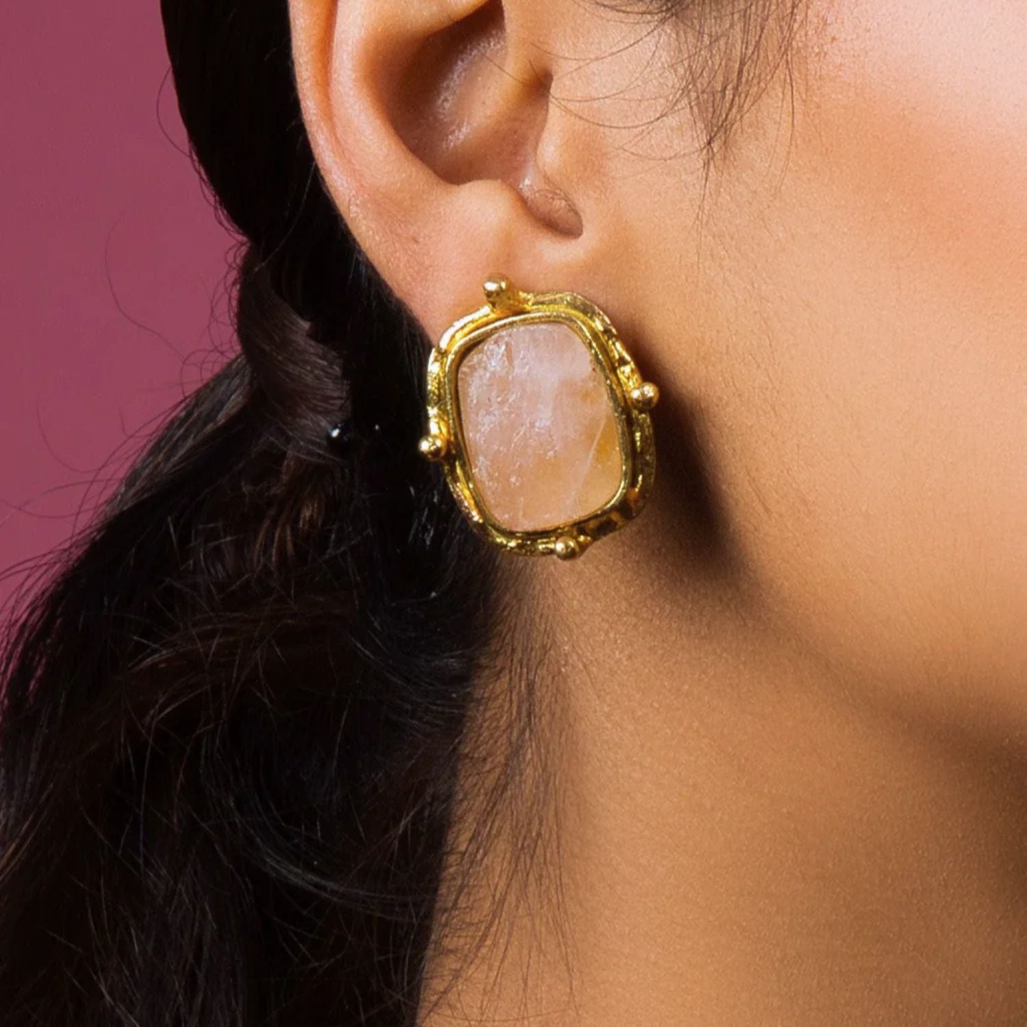 Rose Quartz Semi-Precious Stone Stud Earrings - QUEENS JEWELS