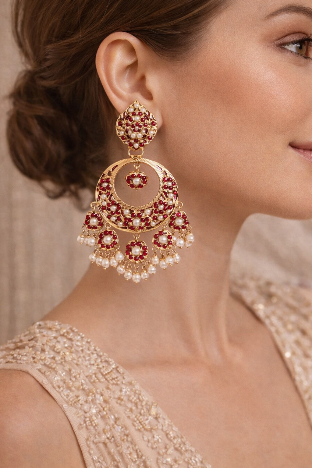 Noor Jadau Ruby Red Chandbali Earrings - QUEENS JEWELS