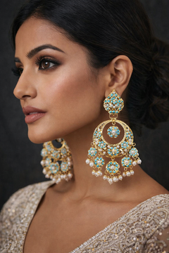 Noor Jadau Firoza Chandbali Earrings - QUEENS JEWELS 