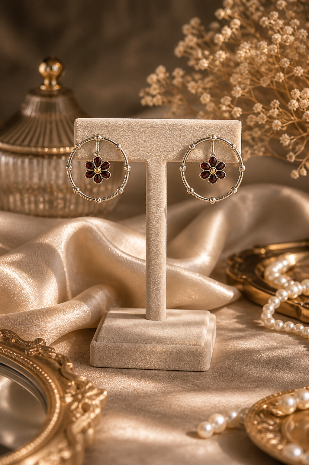 Red Floral Oxidised Earrings - QUEENS JEWELS 